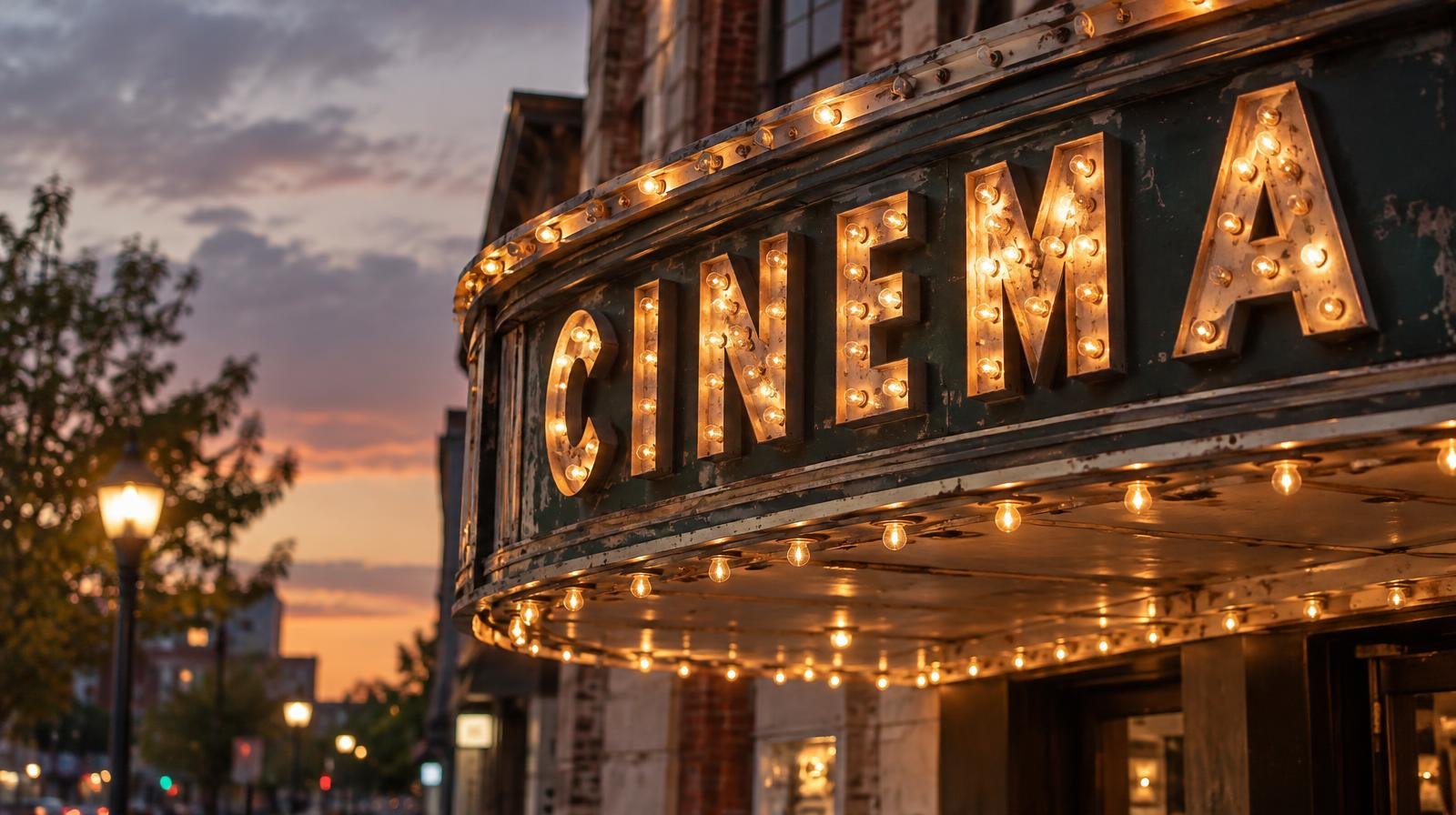 Illuminated vintage movie theater marquee on a brick facade at twilight.