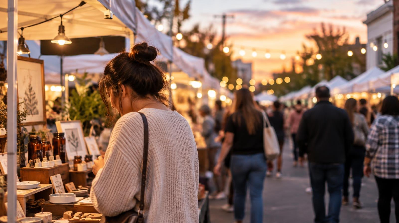 White vendor canopy tents and string lights line a closed street at dusk with shoppers browsing.