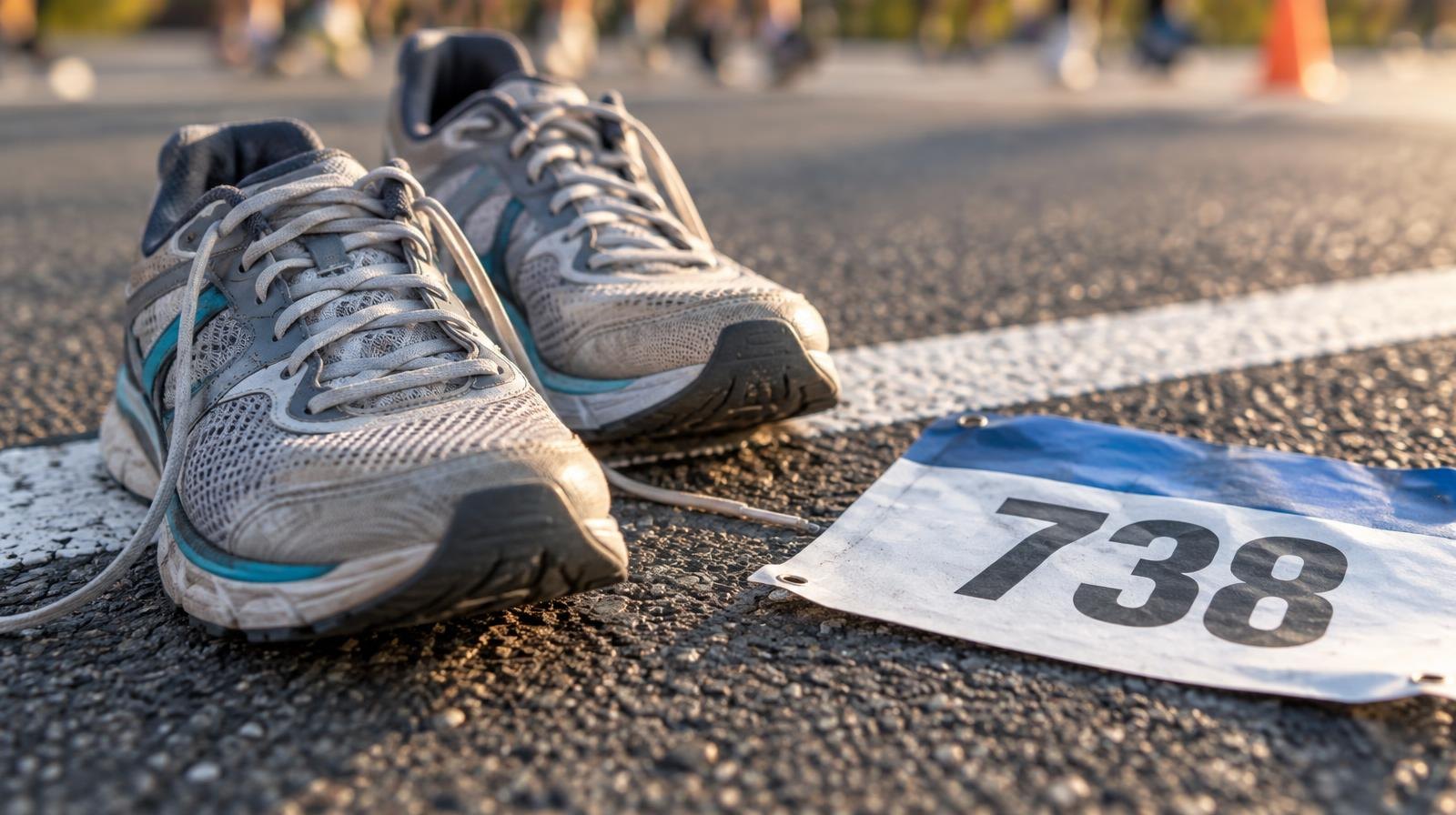 A pair of running shoes on a painted starting line on asphalt with a race bib nearby.