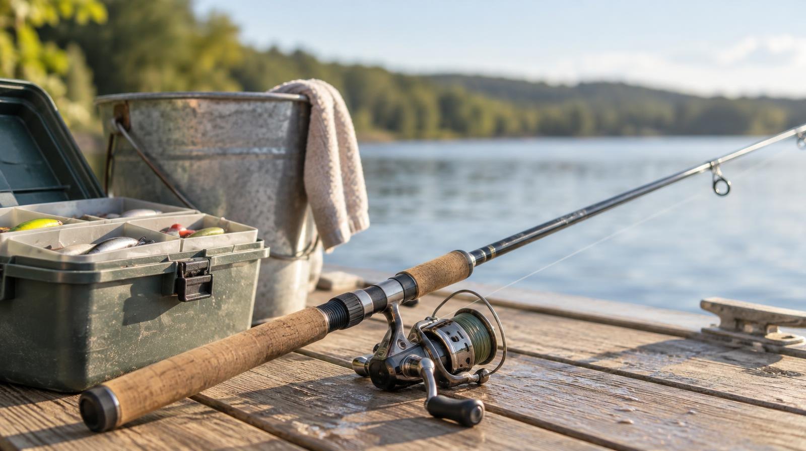 Fishing rod and tackle box resting on a wooden dock over calm lake water.