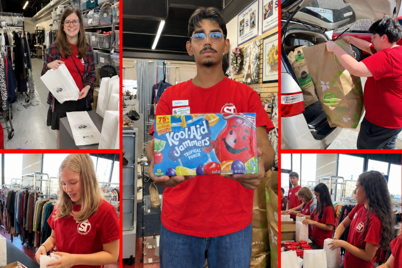 Teen volunteers in red shirts pack colorful gift bags and birthday supplies at a table.