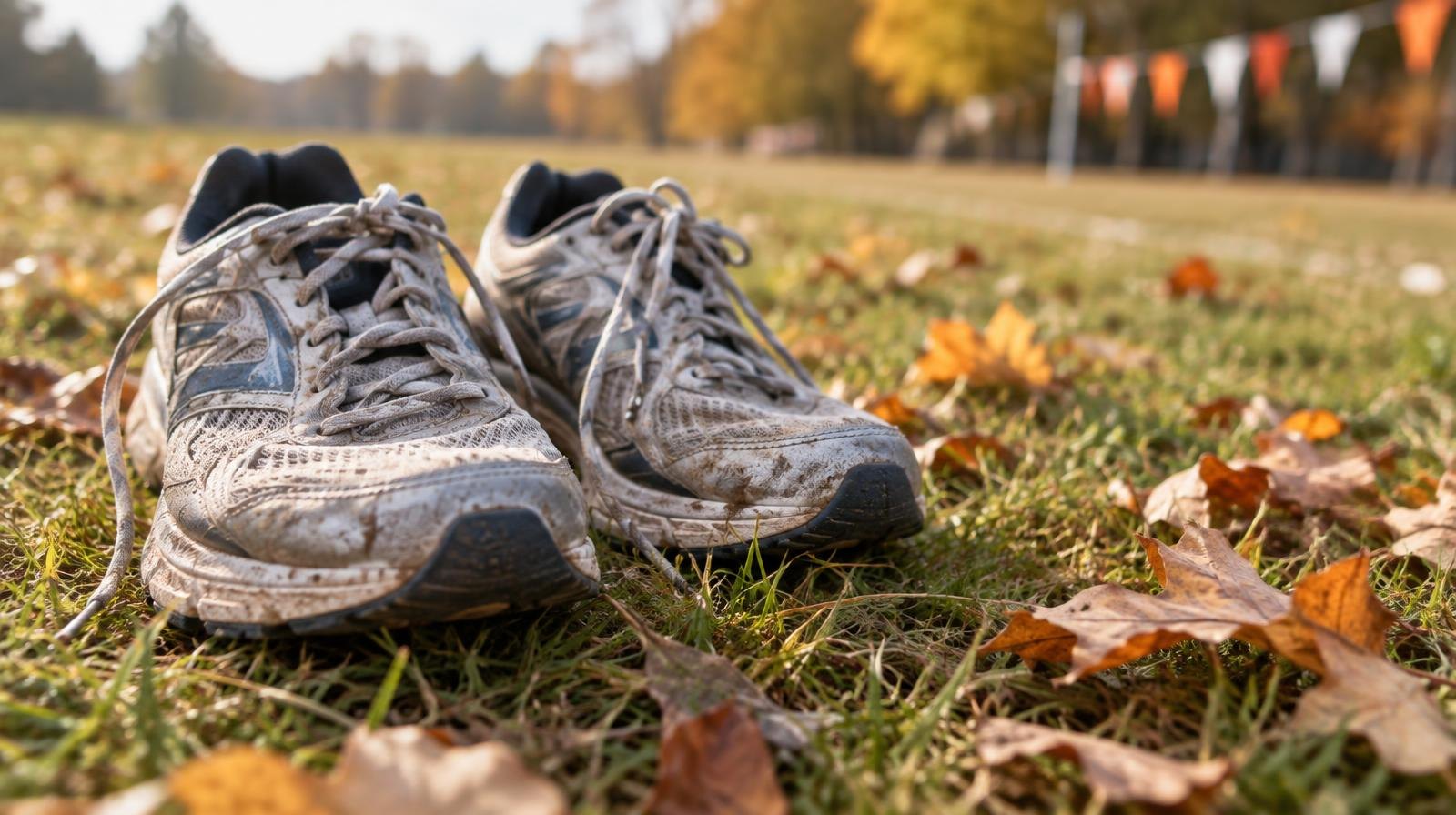 Worn running shoes resting on grass beside fallen autumn leaves.