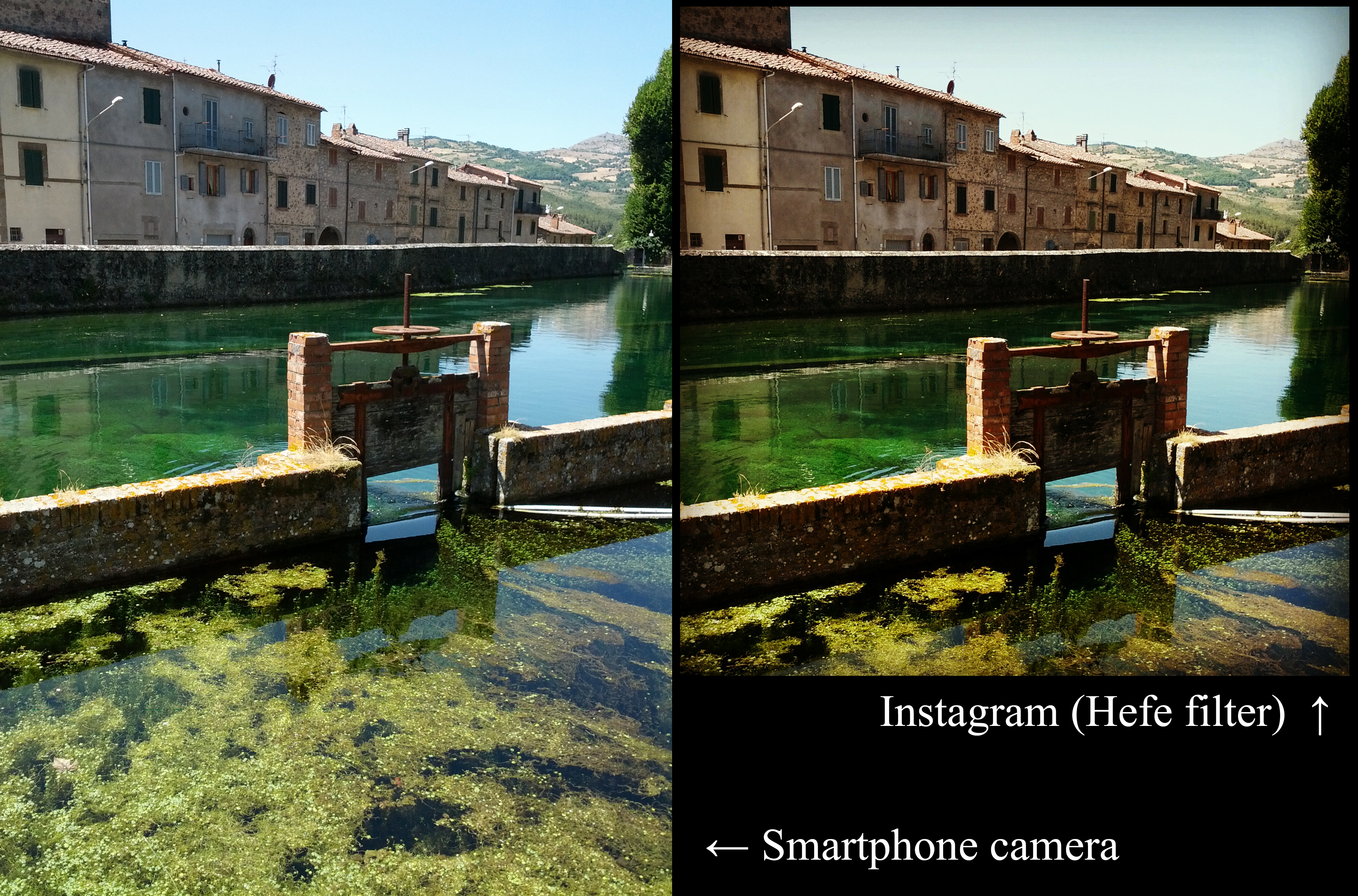 Two side-by-side photos of a canal, one unfiltered and one with a warm Instagram filter.