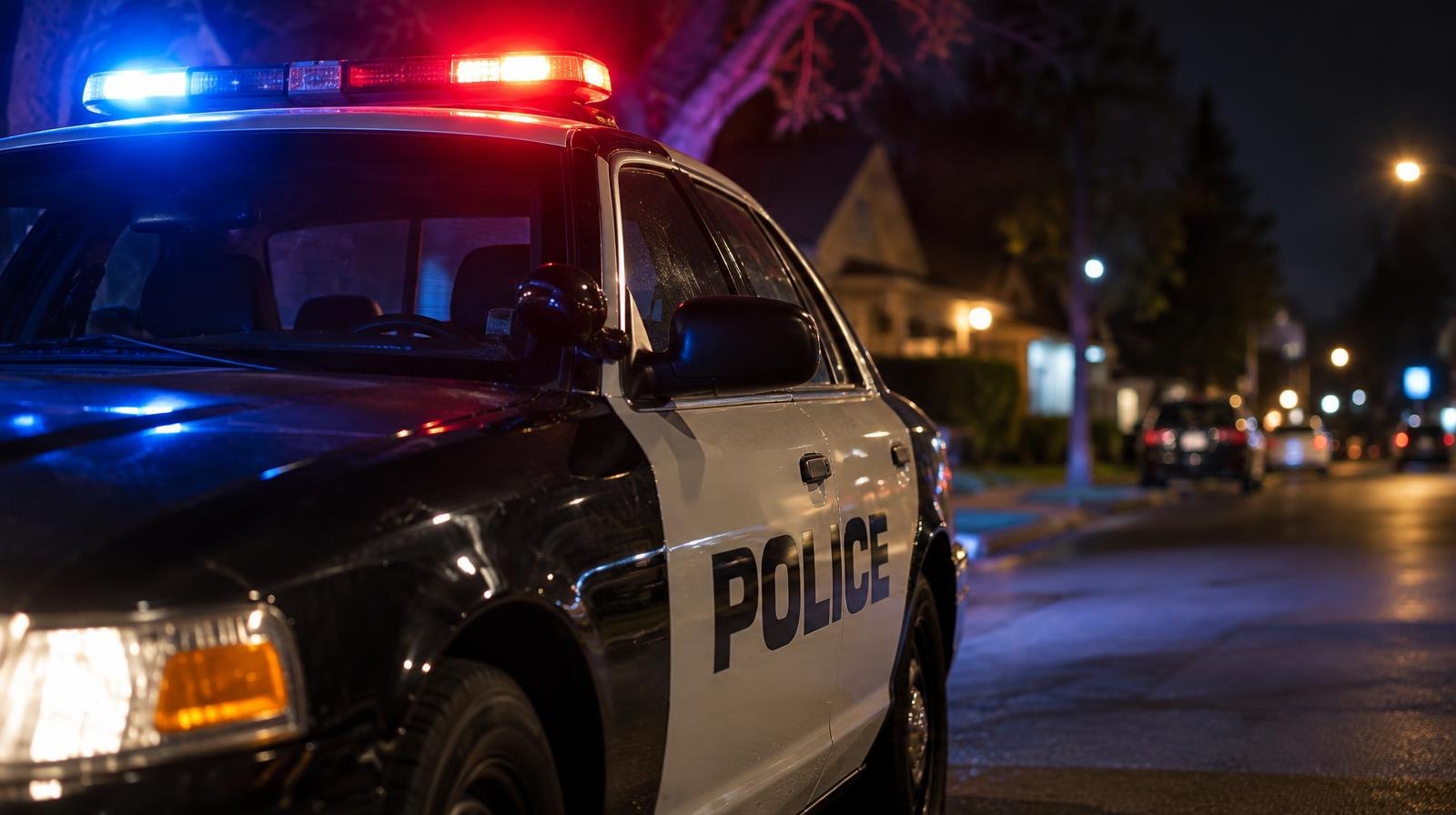 Black-and-white police patrol car with red and blue emergency lights on a dark street.
