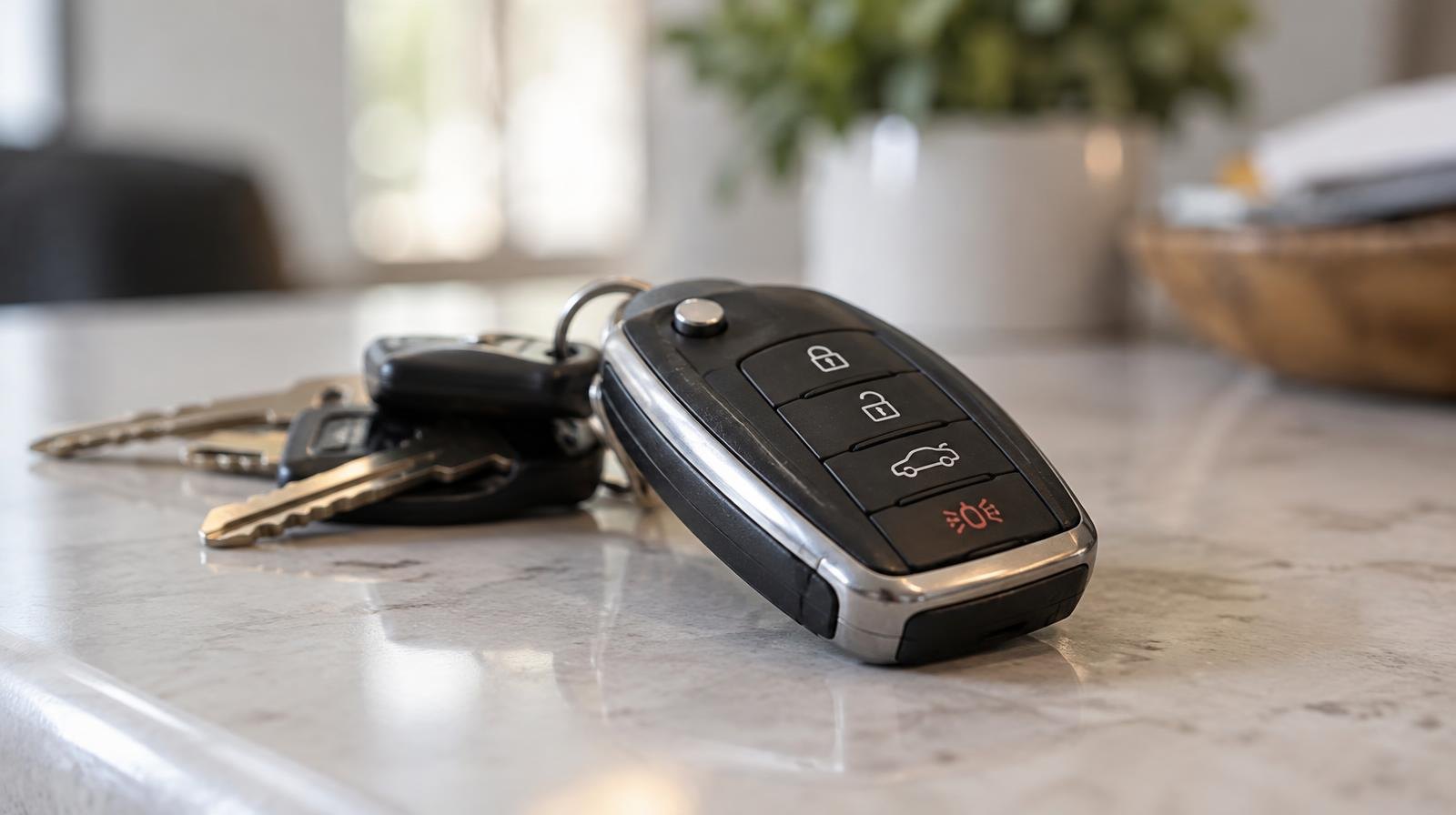 A luxury car key fob resting on a smooth polished surface beside car keys.