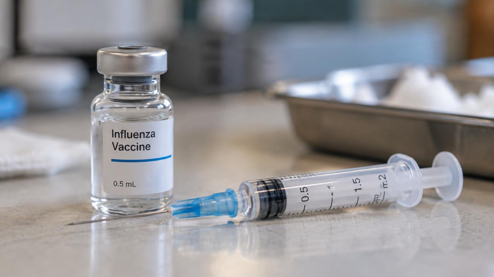 A filled syringe rests beside a small glass vaccine vial on a clinical surface.
