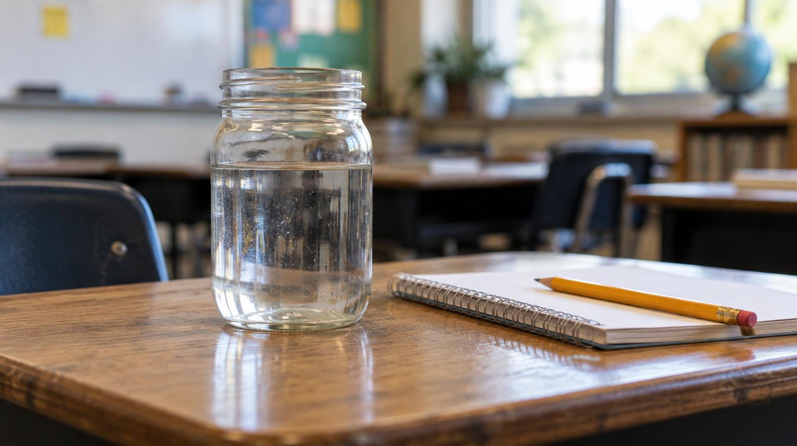 A clear glass jar of water on a wooden desk next to a notebook and pencil.