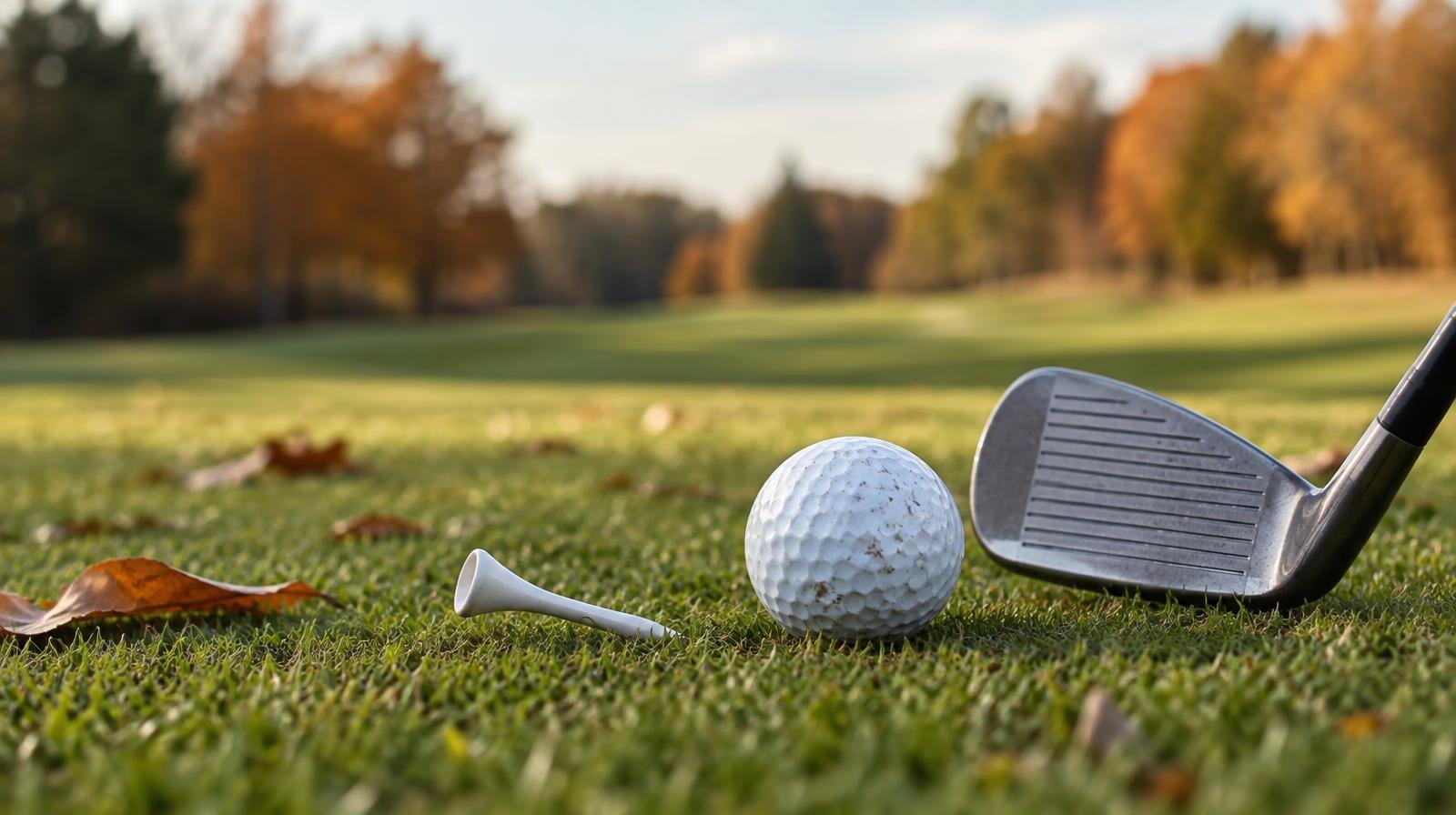 A golf ball and iron club resting on a closely mown fairway in autumn light.