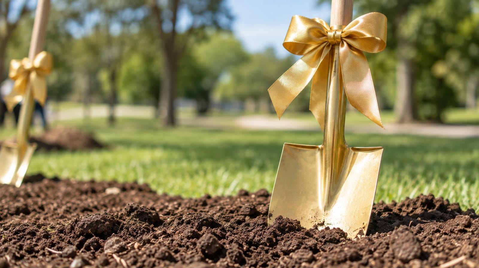 A golden ceremonial shovel with a ribbon bow resting on freshly turned soil outdoors.