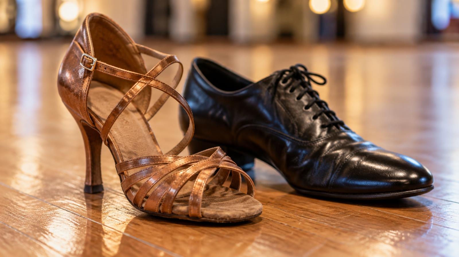 A heeled salsa shoe and a men's leather dance shoe on a polished wood floor.