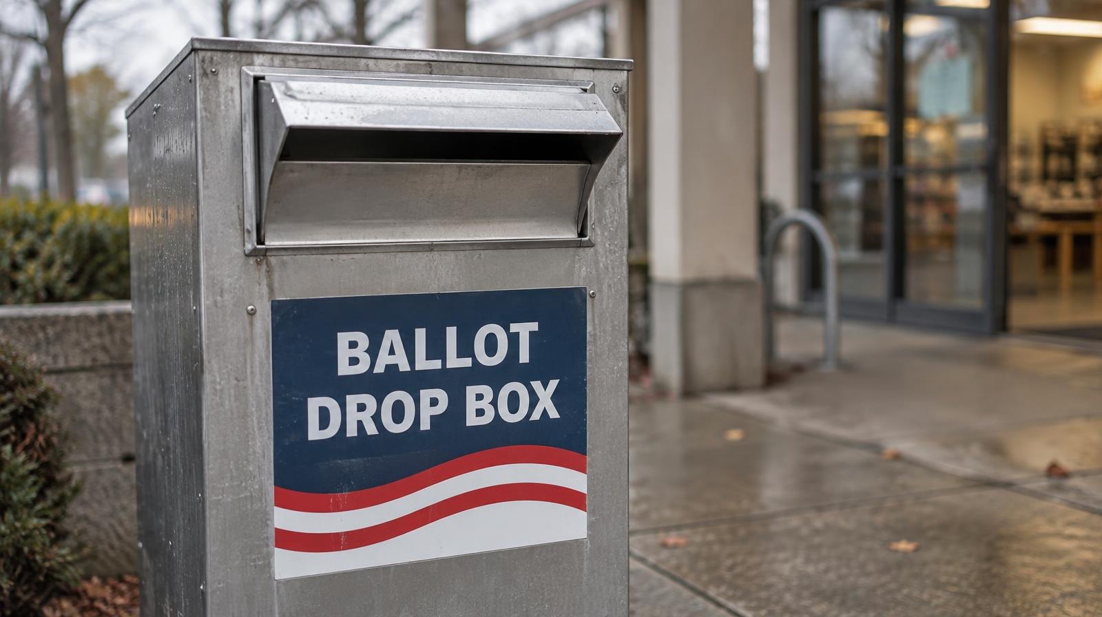 A metal ballot drop box with a slot opening on an outdoor sidewalk.