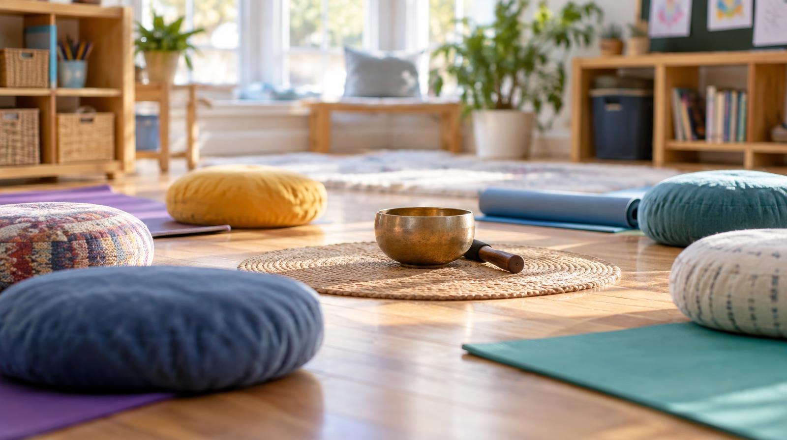 Circle of colorful cushions and yoga mats on a wooden floor with a singing bowl at the center.
