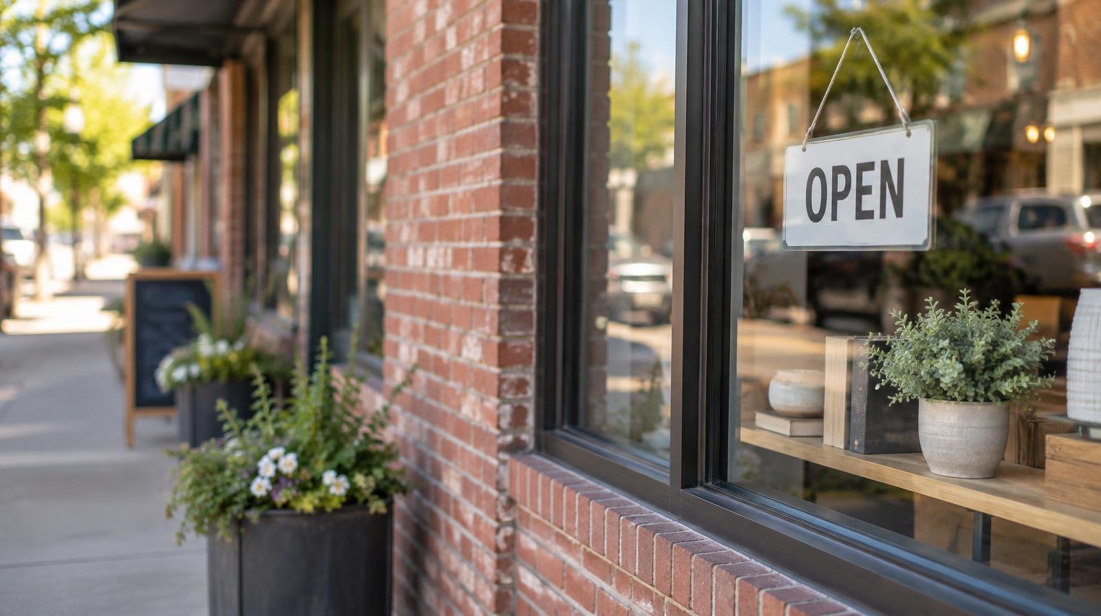 Brick storefront with large display windows and a sunny sidewalk.