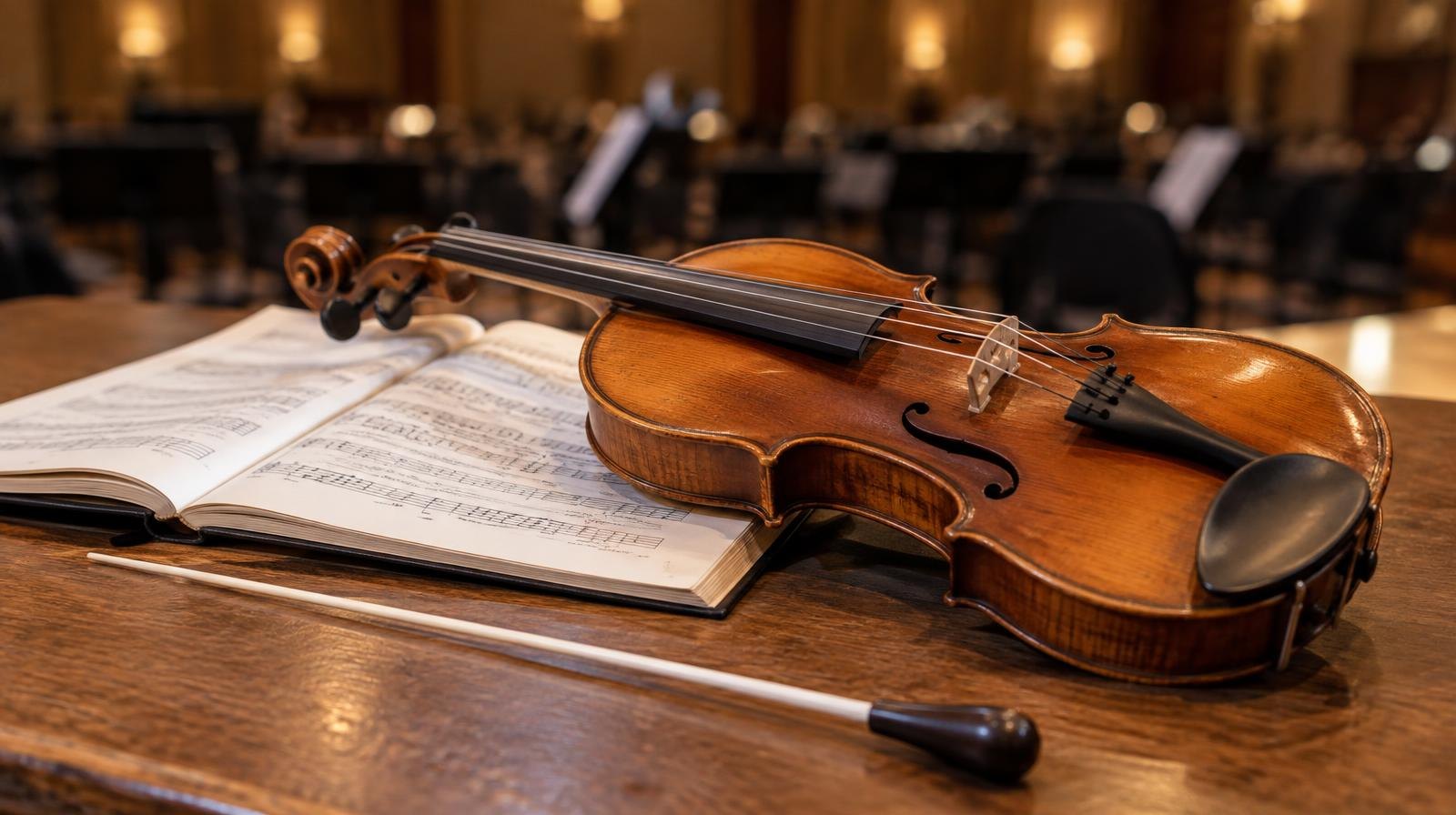 A violin and conductor's baton resting on sheet music.