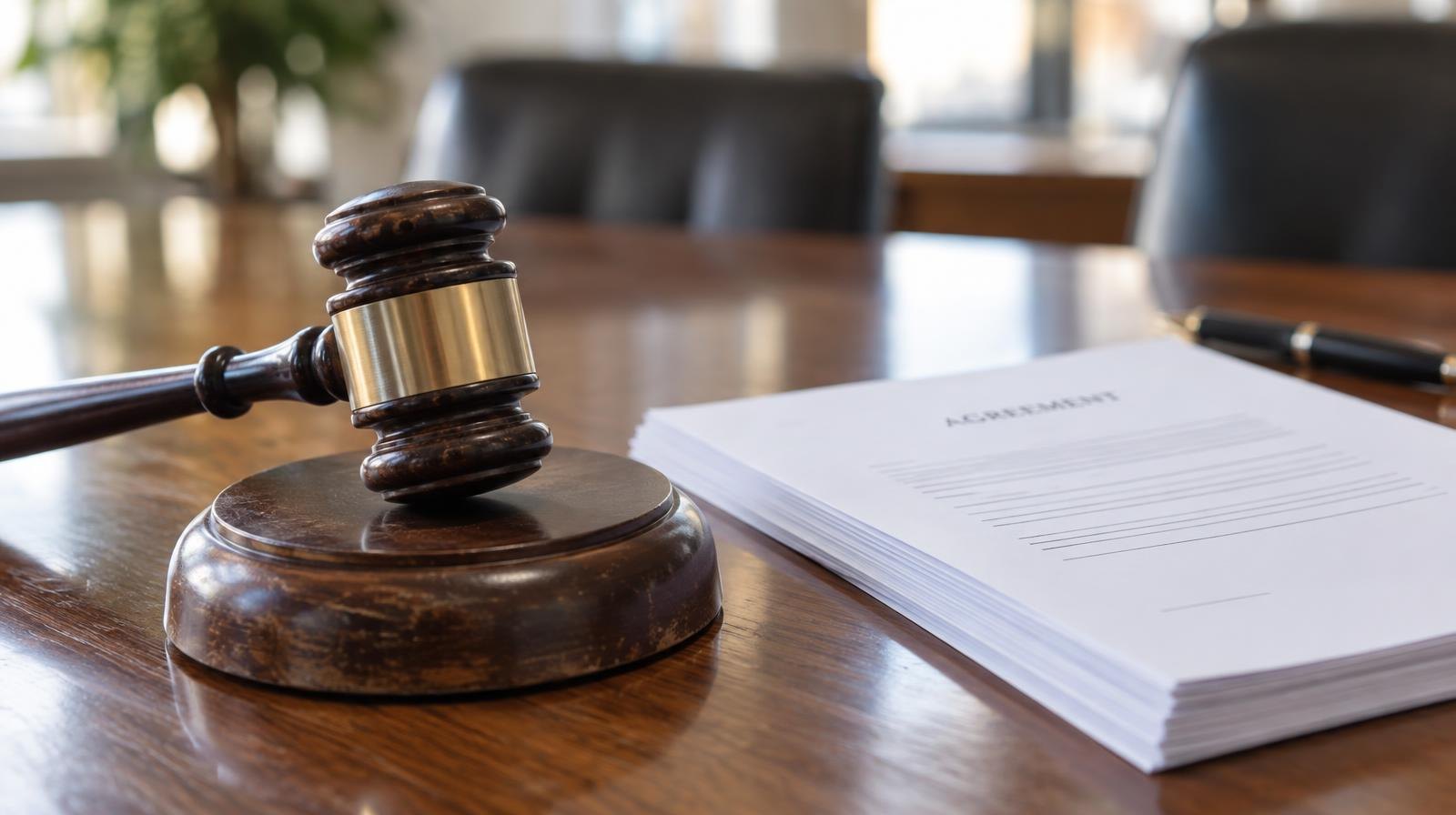 Wooden gavel on its sound block beside stacked papers on a table.