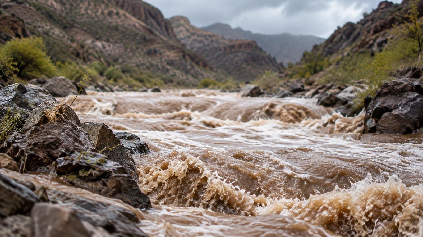 Muddy brown floodwater rushing through a rocky desert canyon under overcast skies.