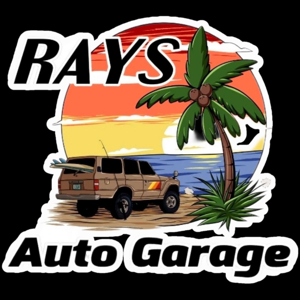 Circular logo for Ray's Auto Garage featuring a beach sunset scene with a palm tree and SUV.
