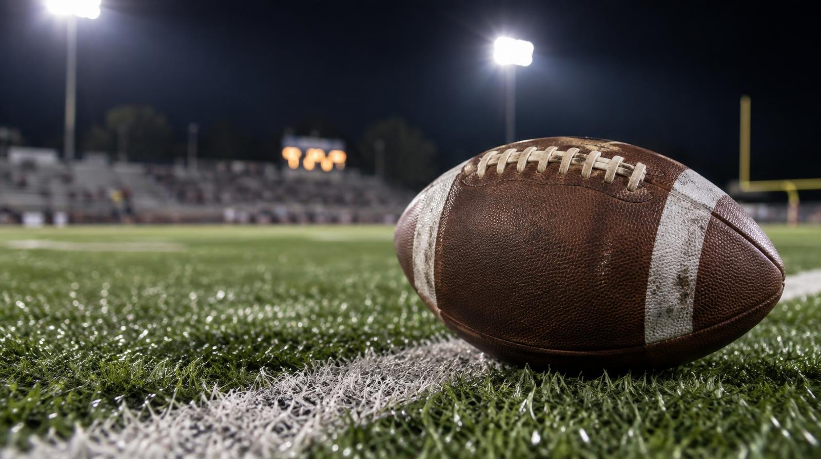 An American football resting on green artificial turf beside a white yard line under bright stadium lights.