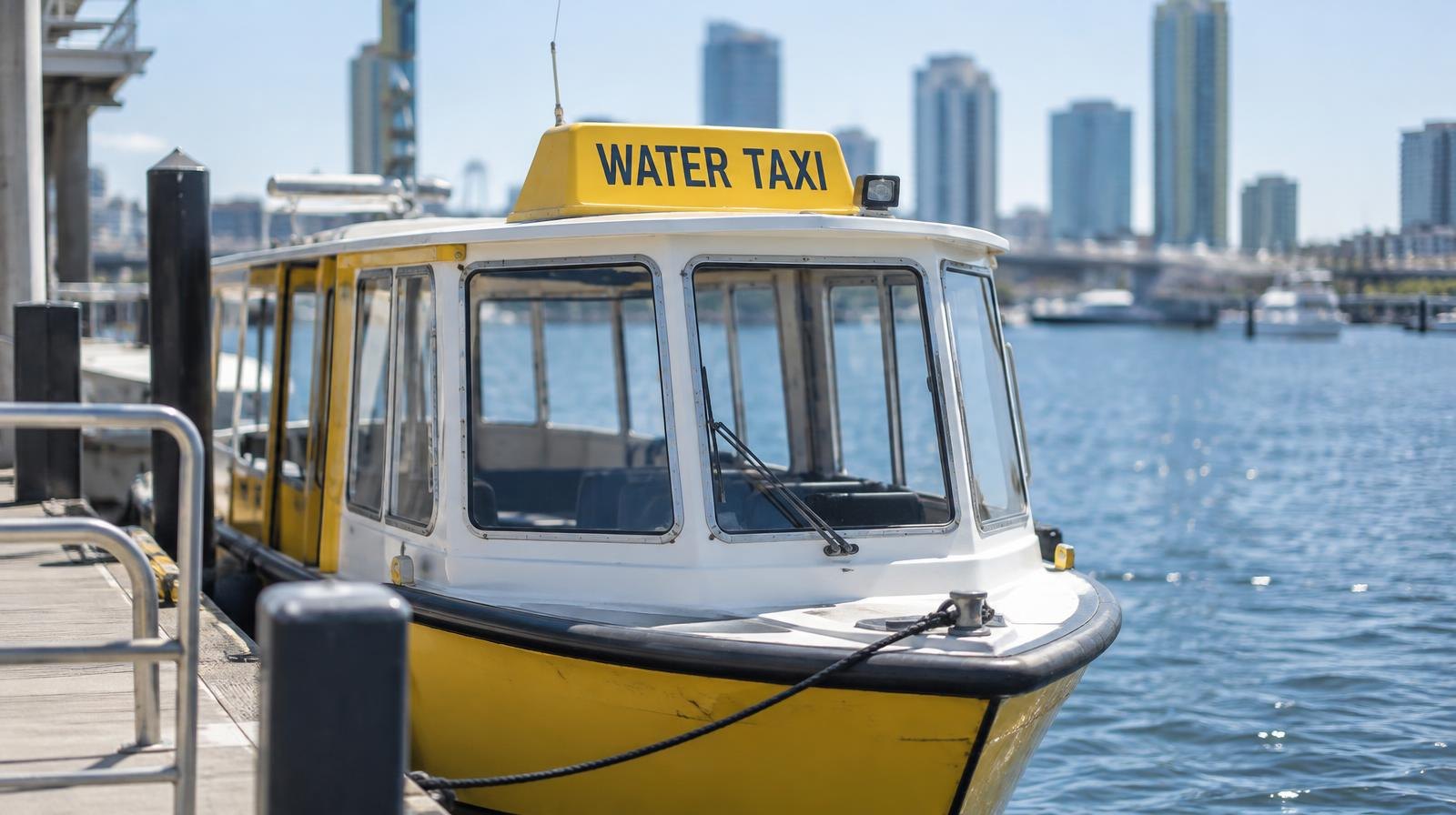 Small passenger ferry boat docked at a sunny urban waterfront pier.