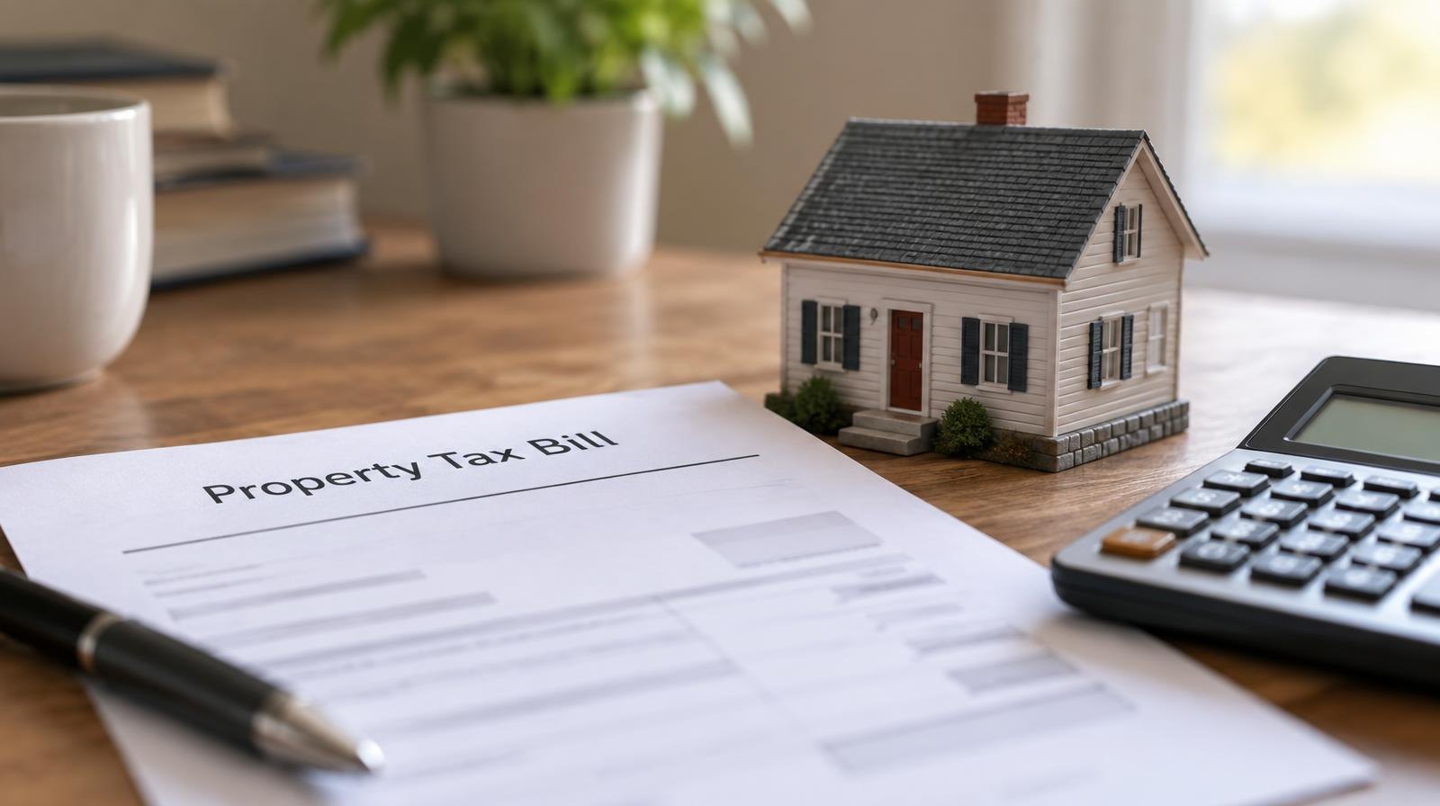 Small model house and calculator beside a tax document on a desk.