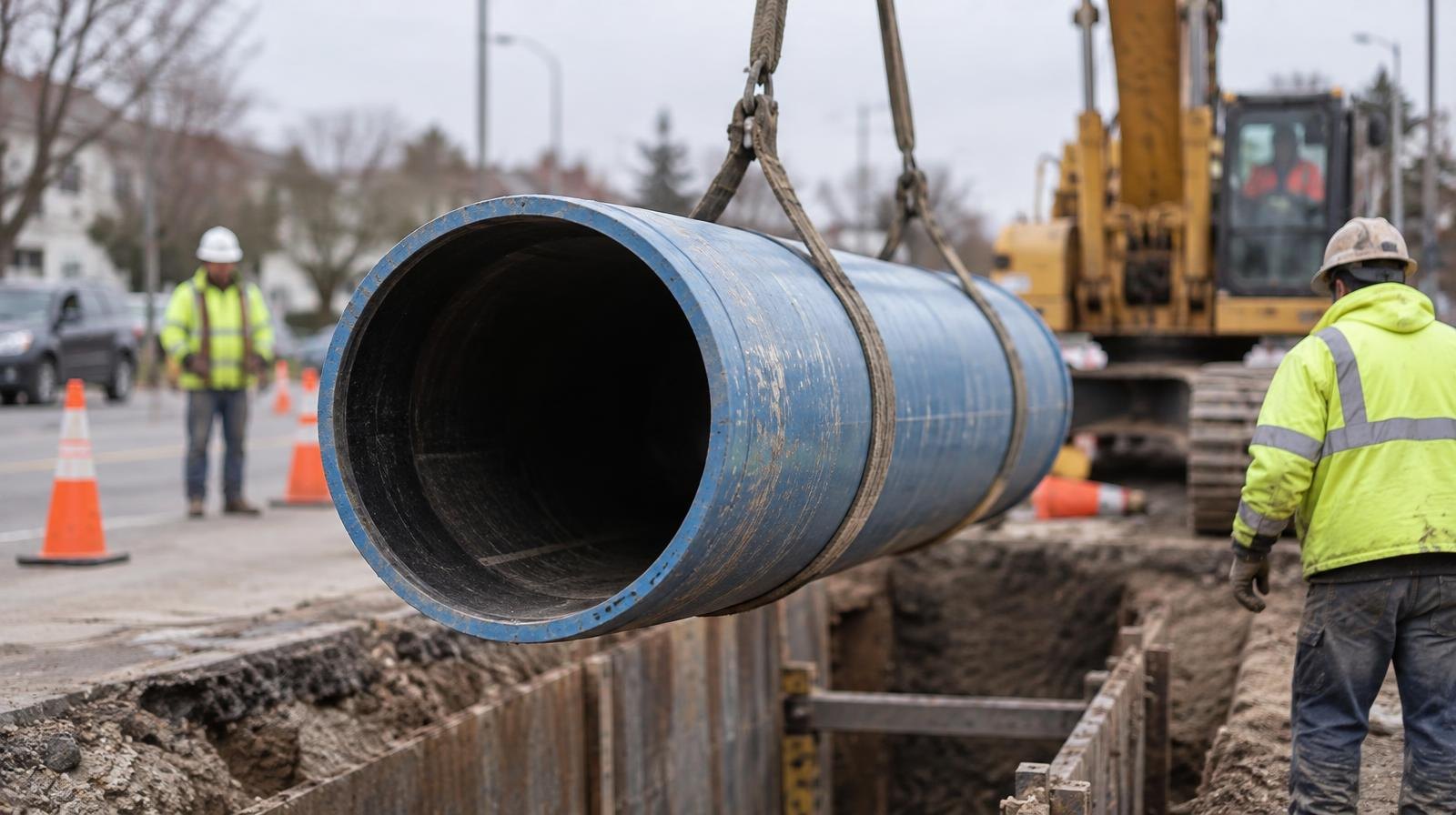 Large pipe being lowered into an open trench beside a street with orange traffic cones.