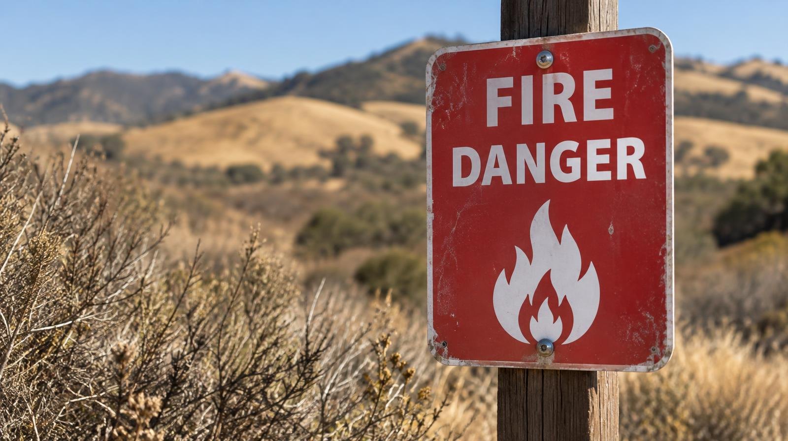 Red fire danger warning sign on a wooden post in dry golden brushland.