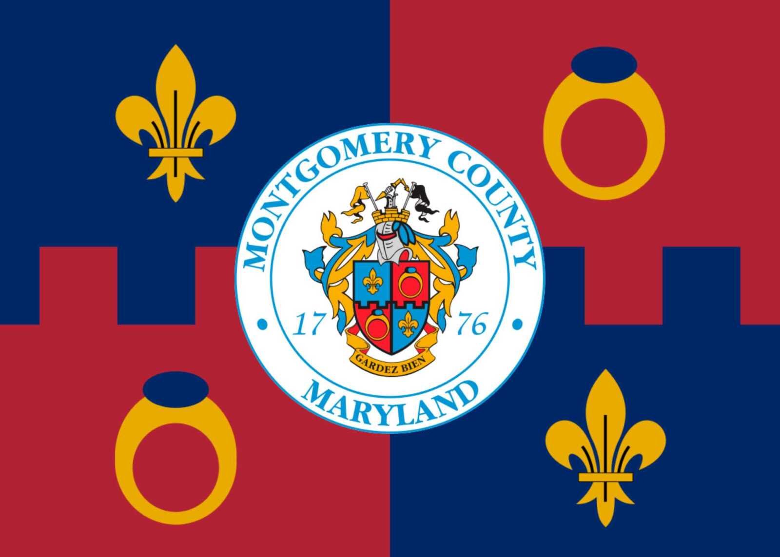 Flag of Montgomery County, Maryland, showing the county seal on a quartered blue and red background.