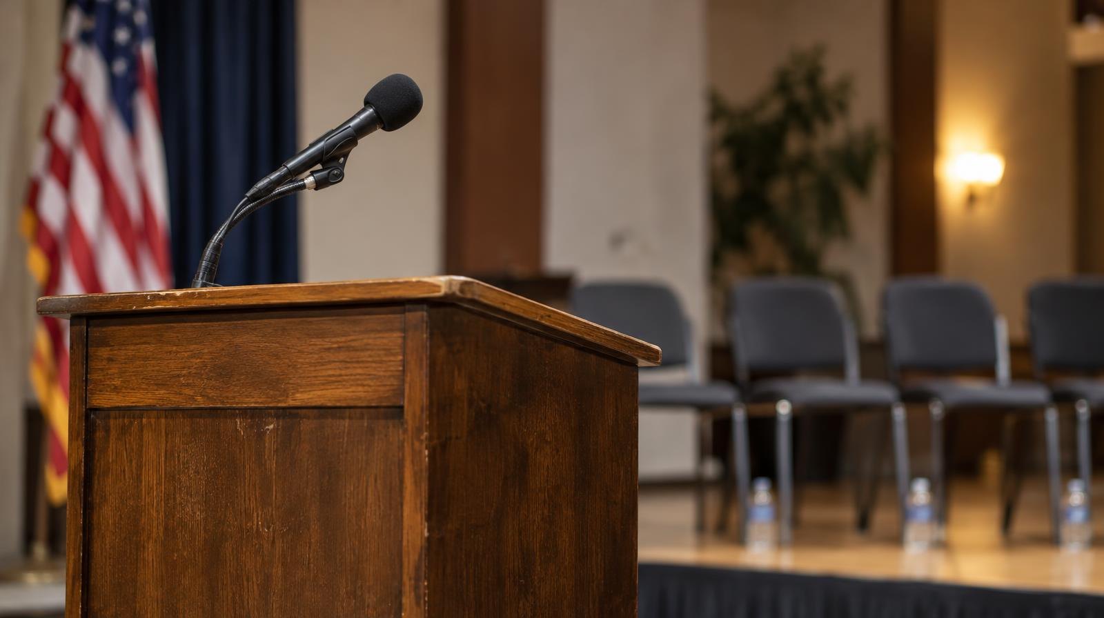 A wooden podium with a microphone in a hall with empty chairs behind it.