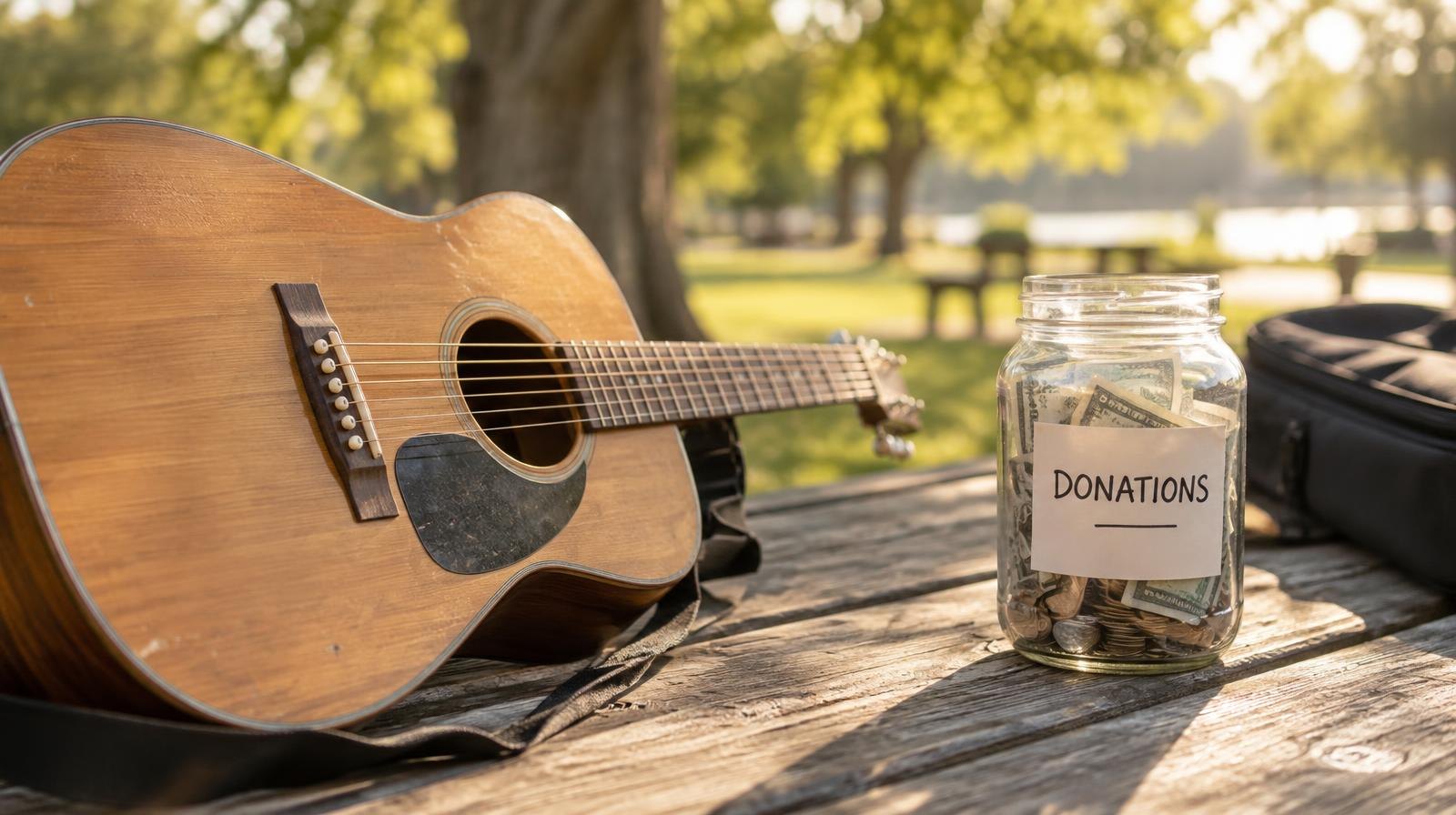 An acoustic guitar and a glass jar on a wooden picnic table in a sunny outdoor park.