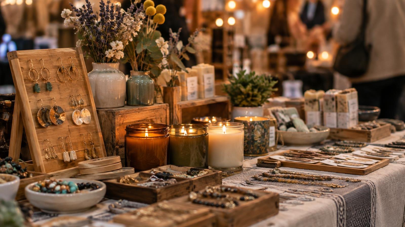 Colorful handmade jewelry, candles, and craft items arranged on a display table.