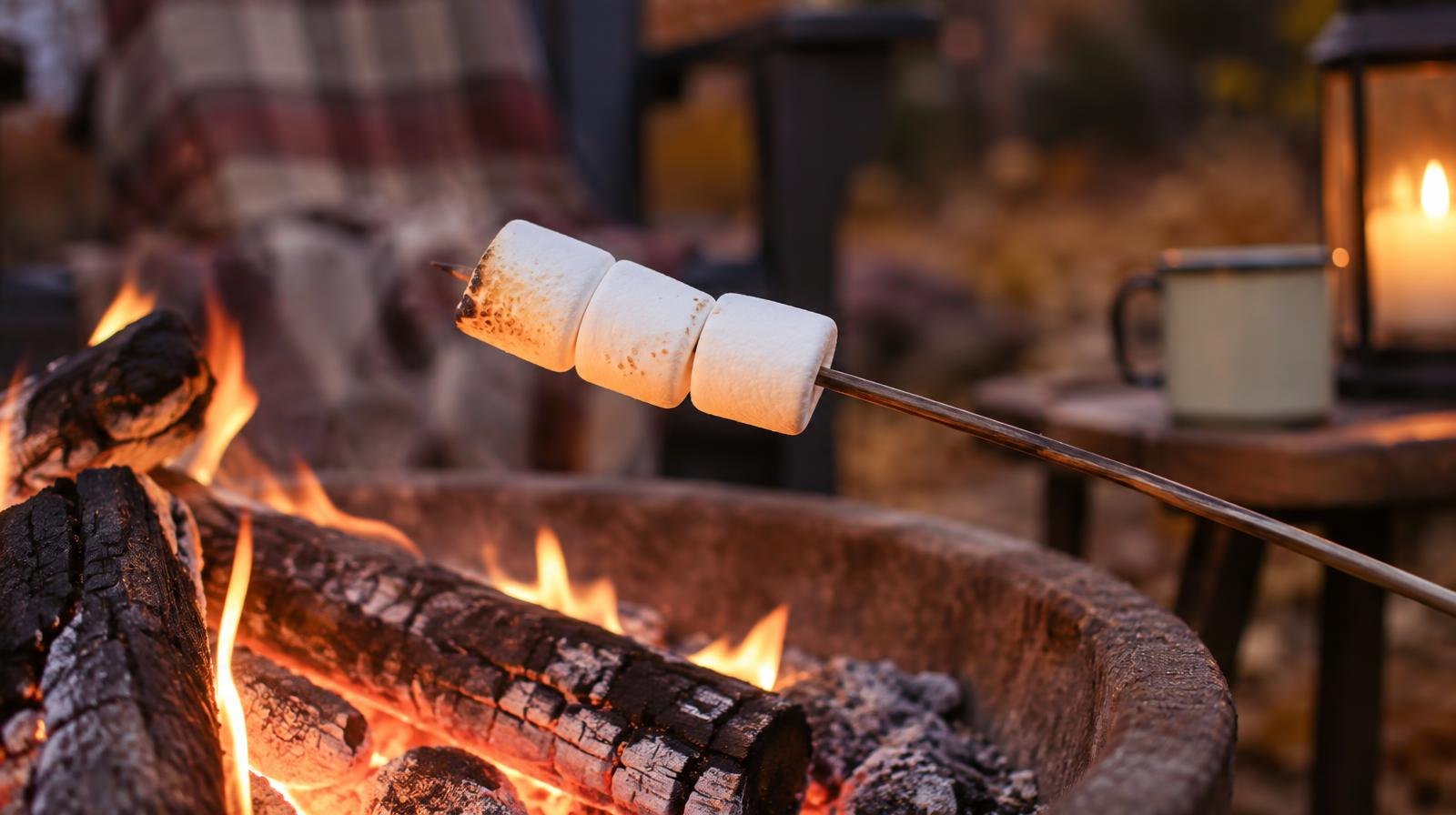 White marshmallows on a stick held over glowing orange campfire embers.