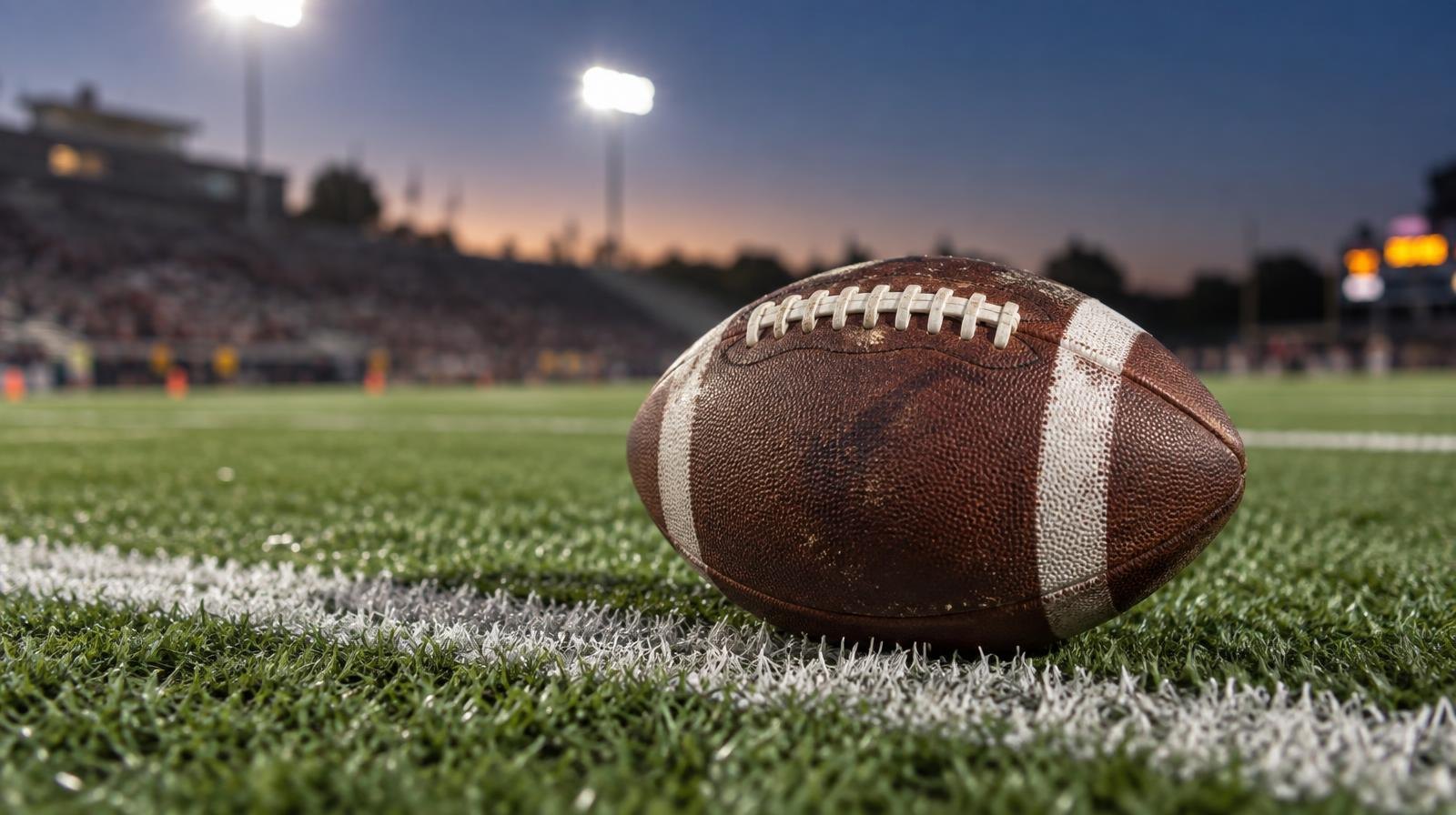 An American football resting on green artificial turf beside a white yard line.