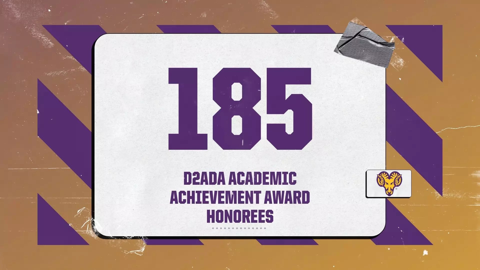 Graphic showing the number 185 in large purple text with gold and purple diagonal stripes and a ram logo.