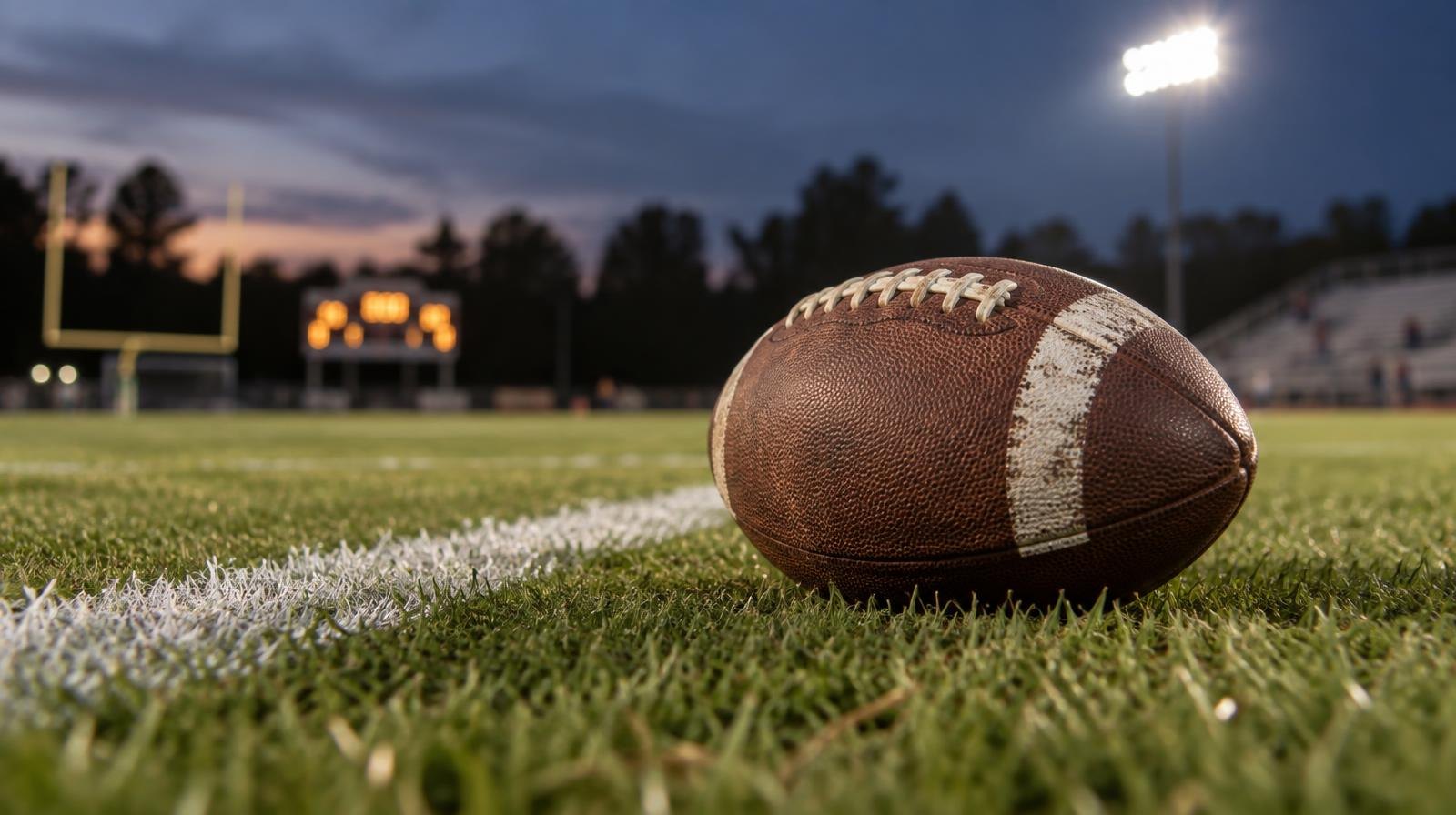 An American football resting on green grass beside a white painted yard line.