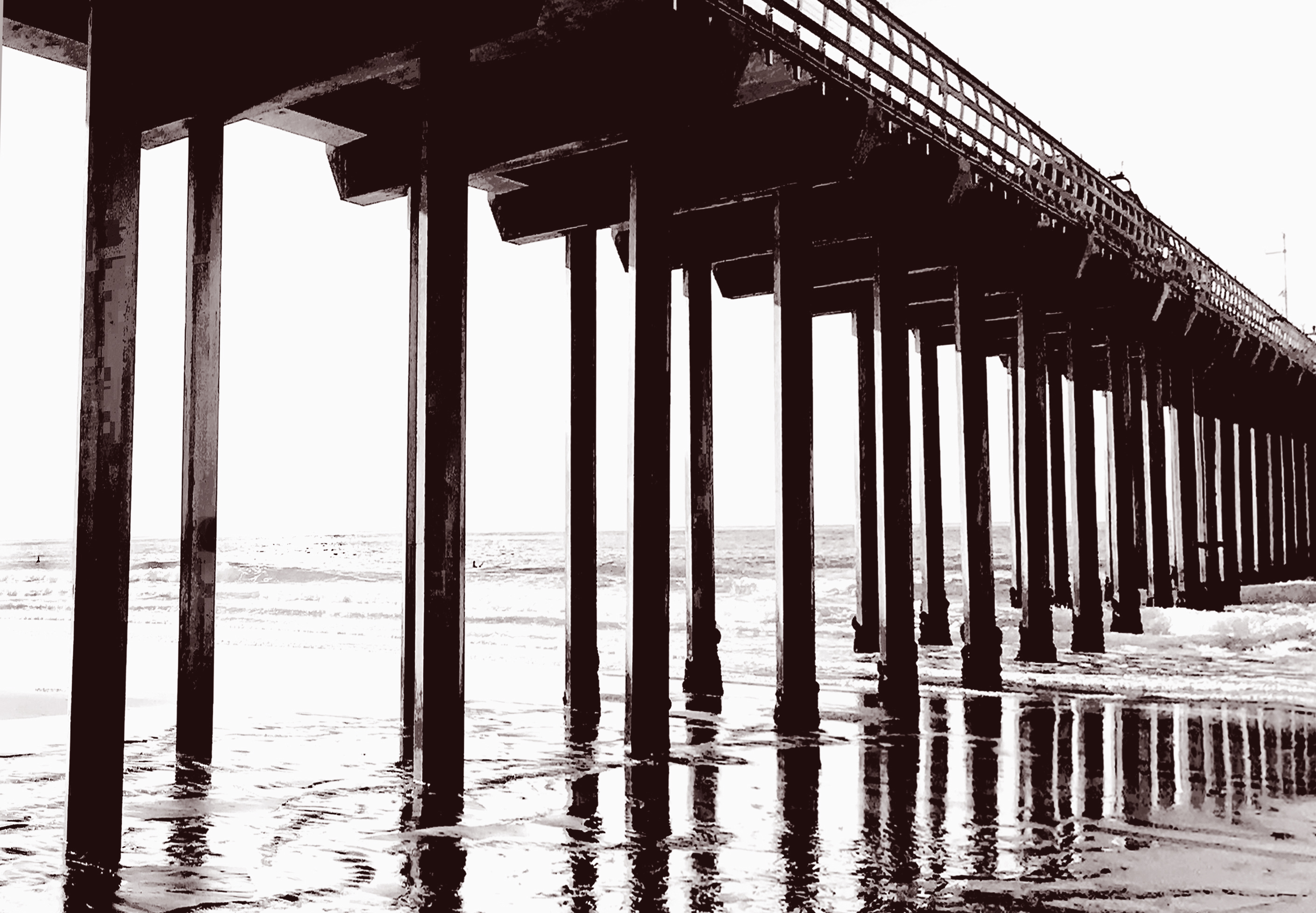 Underside of a long pier with rows of wooden pilings extending toward the ocean.
