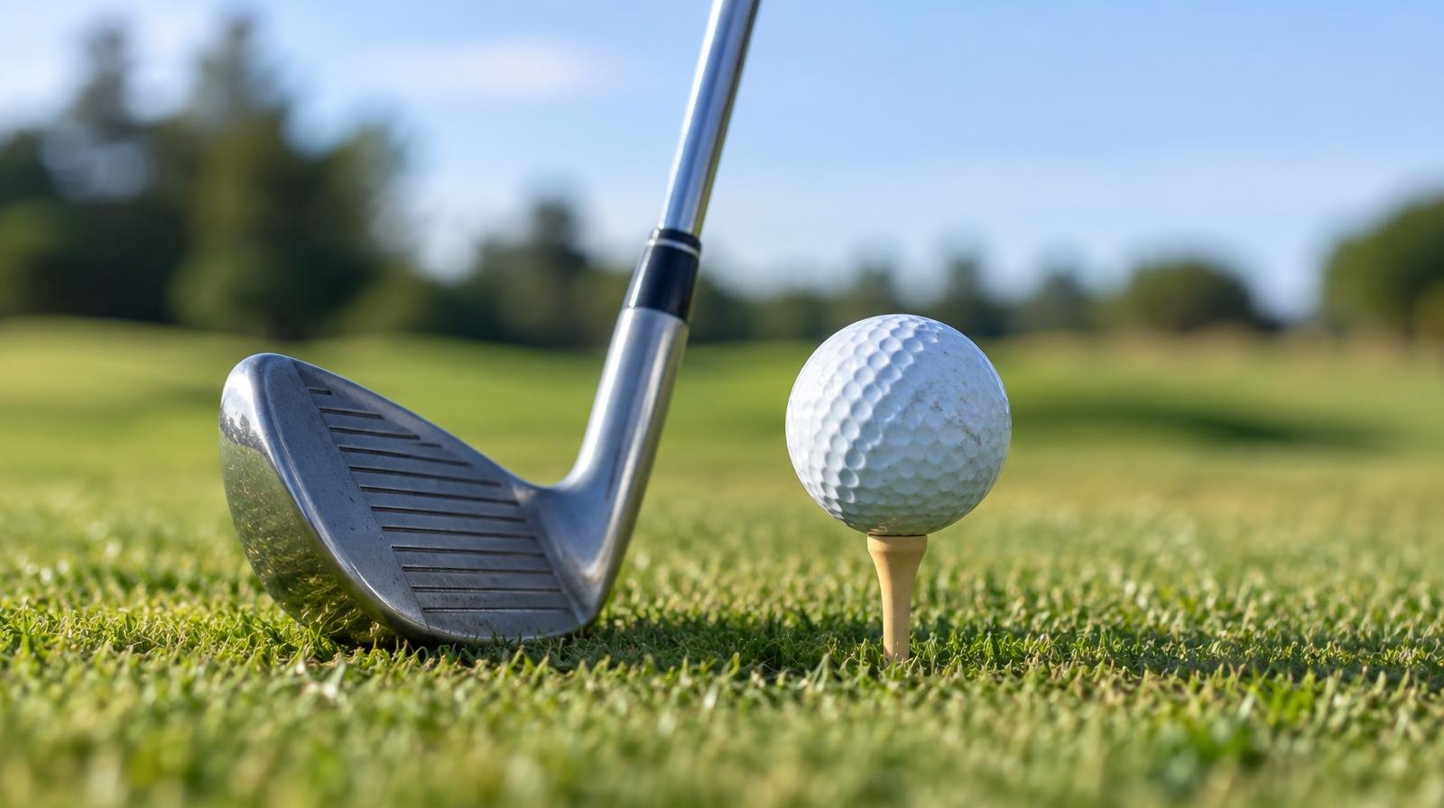 A golf ball on a tee next to a golf club on a green fairway.