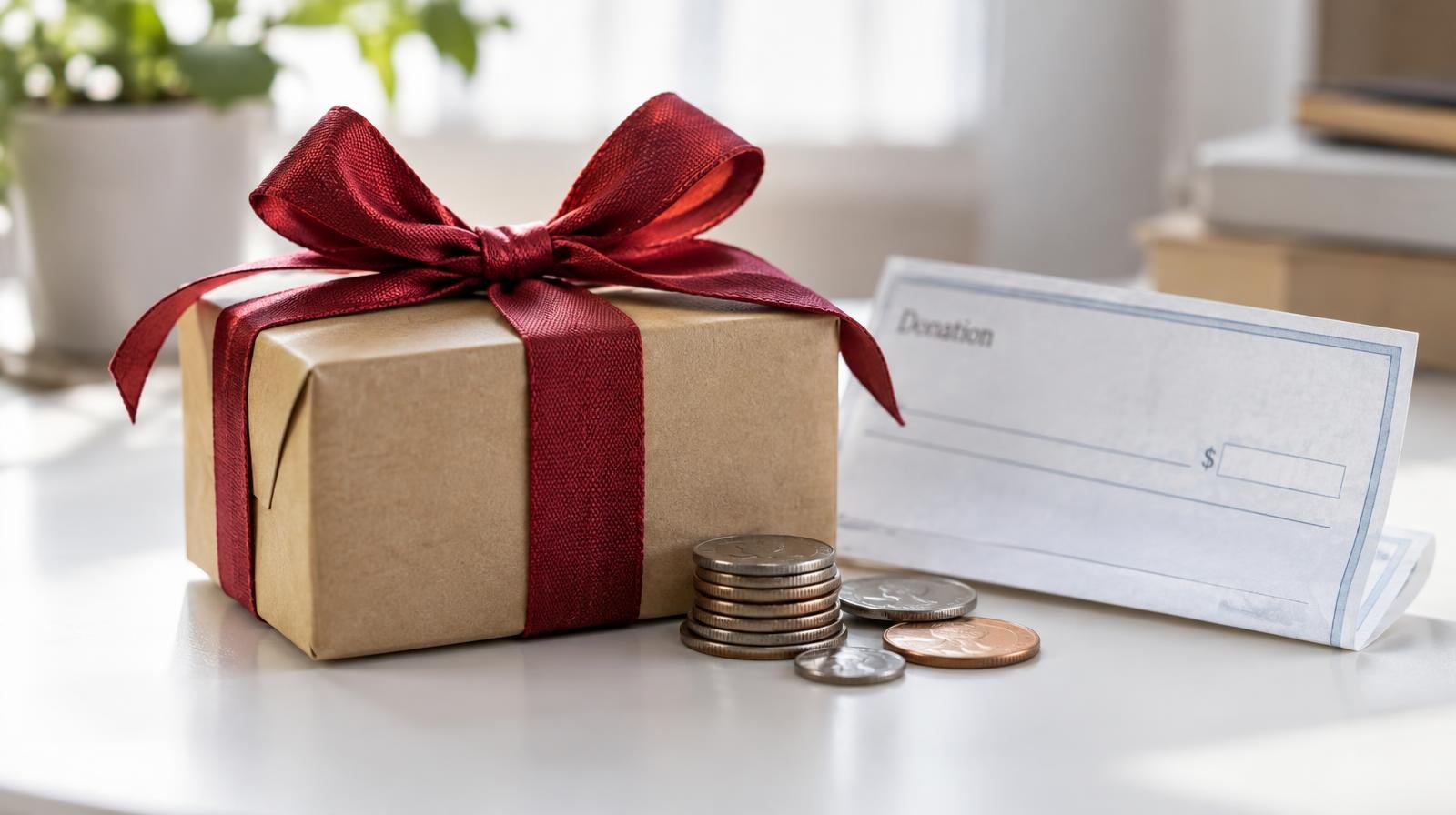 A ribbon-tied gift box beside a small stack of coins on a white surface.