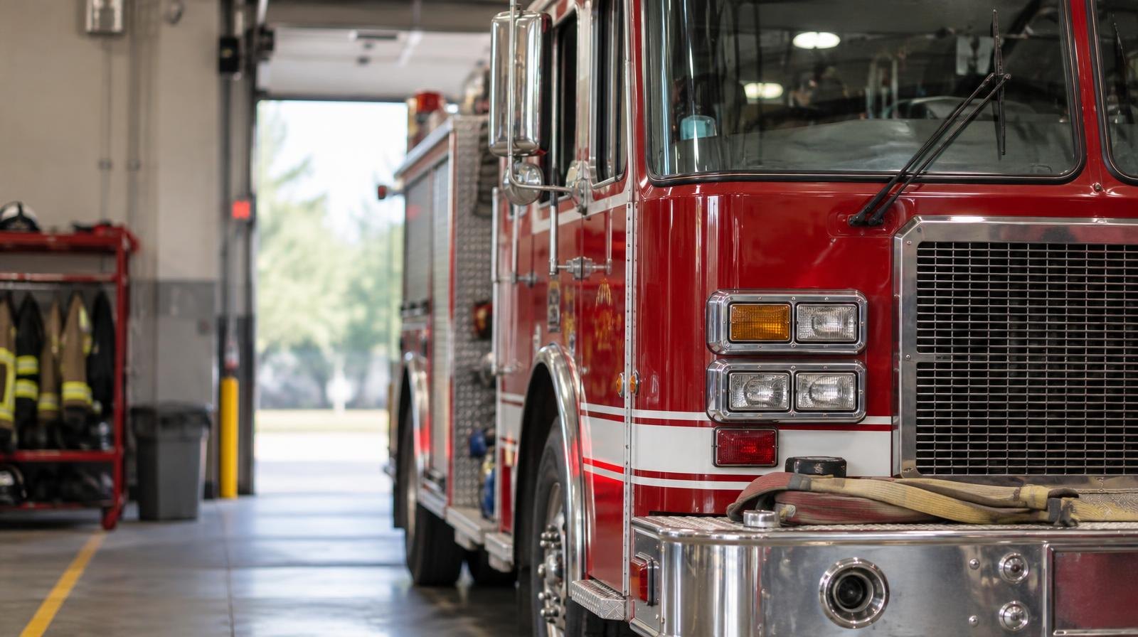 A red fire engine parked inside a bright fire station bay with the door open.