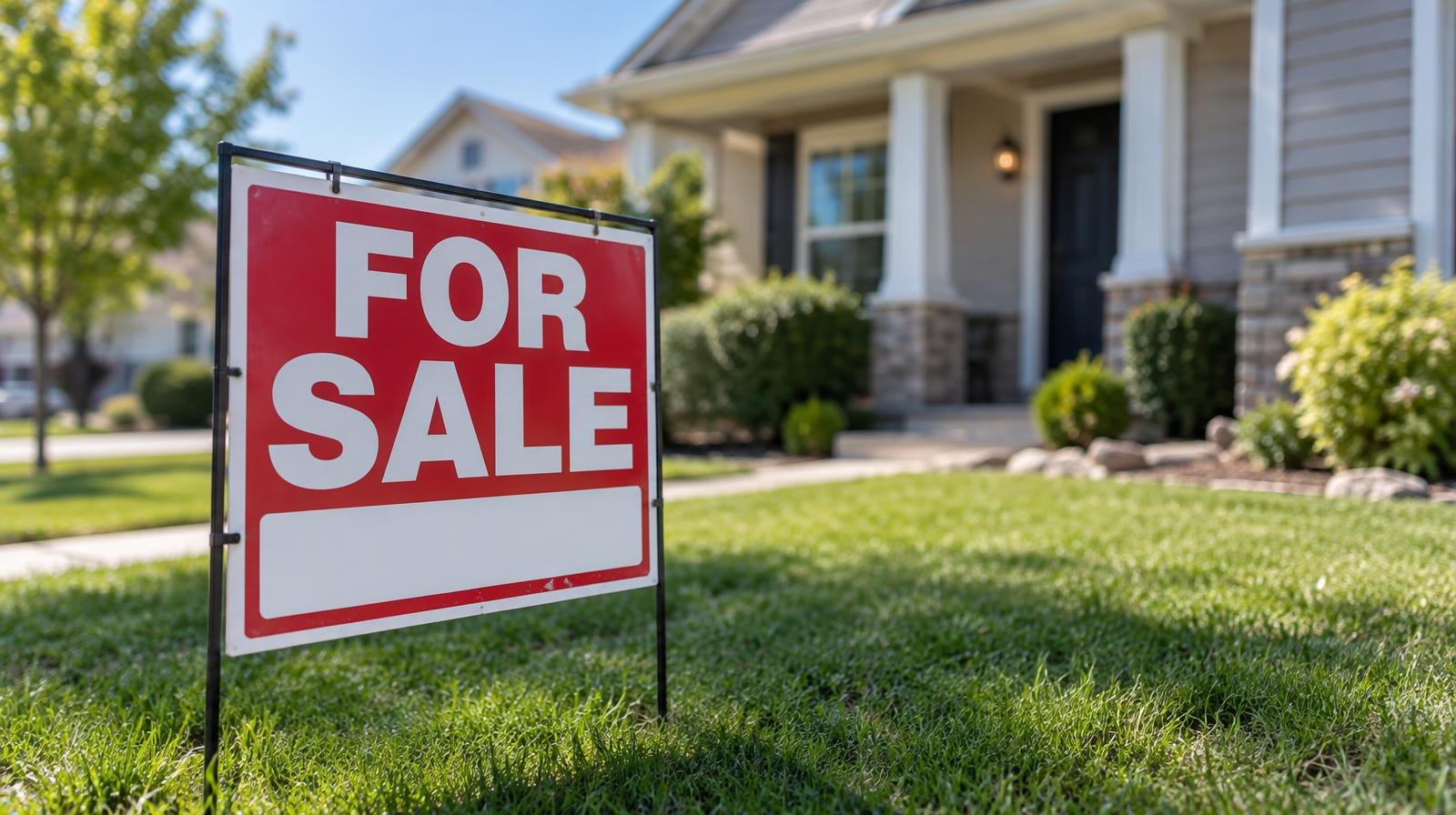 A red and white for-sale sign planted in grass in front of a house.