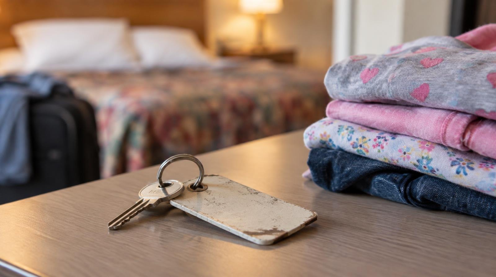 A worn motel key beside a small stack of folded children's clothing on a plain surface.
