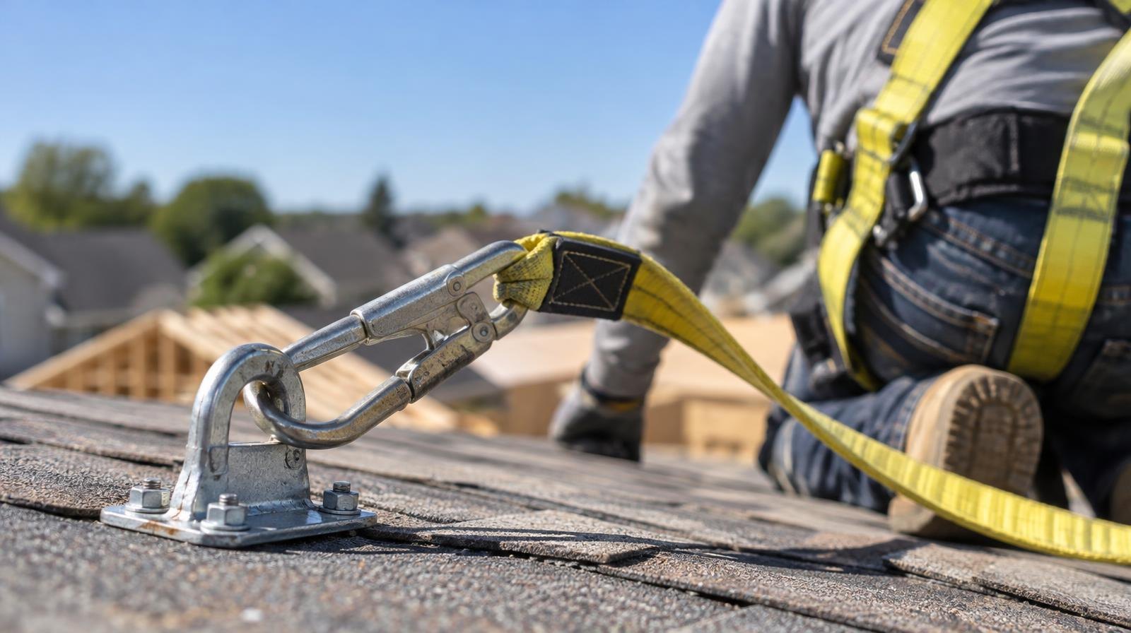 A safety harness and lanyard clipped to a metal anchor on a rooftop.