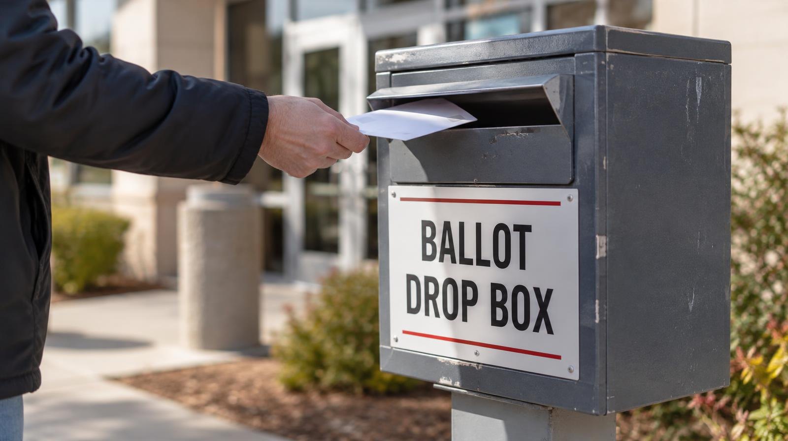 Metal ballot drop box with an envelope slot mounted on a post outdoors.