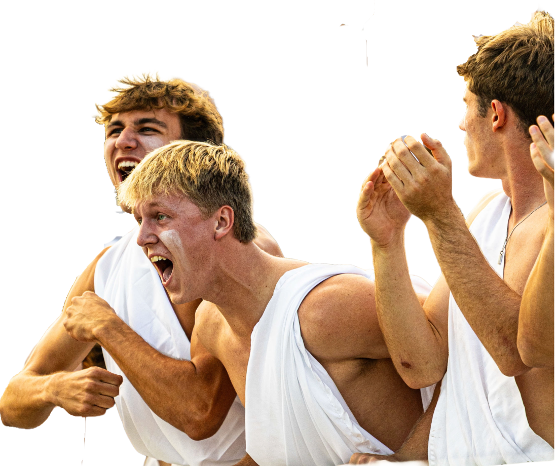 Three young men in white tank tops cheering with fists raised.