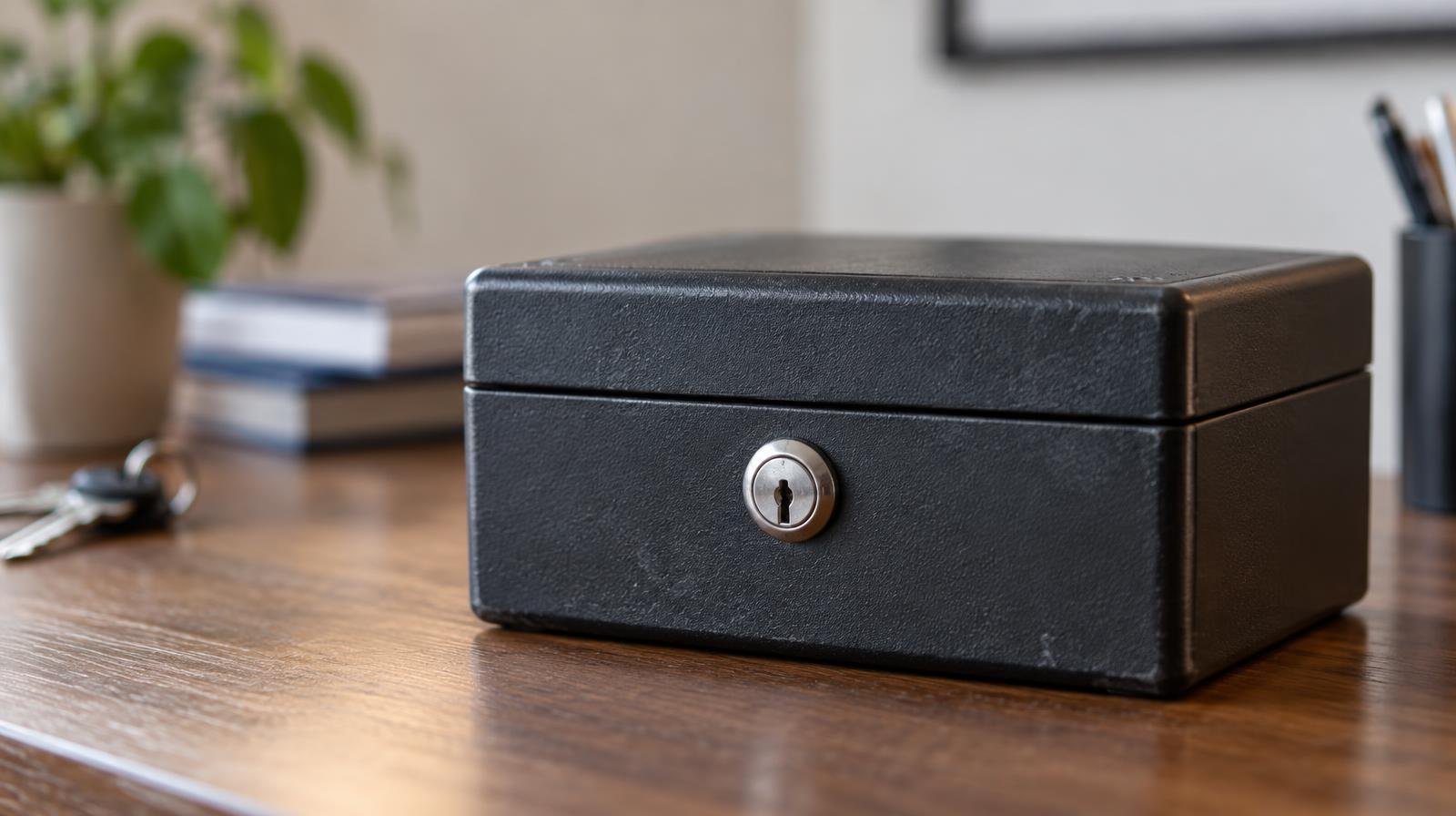 A closed metal gun lockbox with a key lock on a wooden surface.