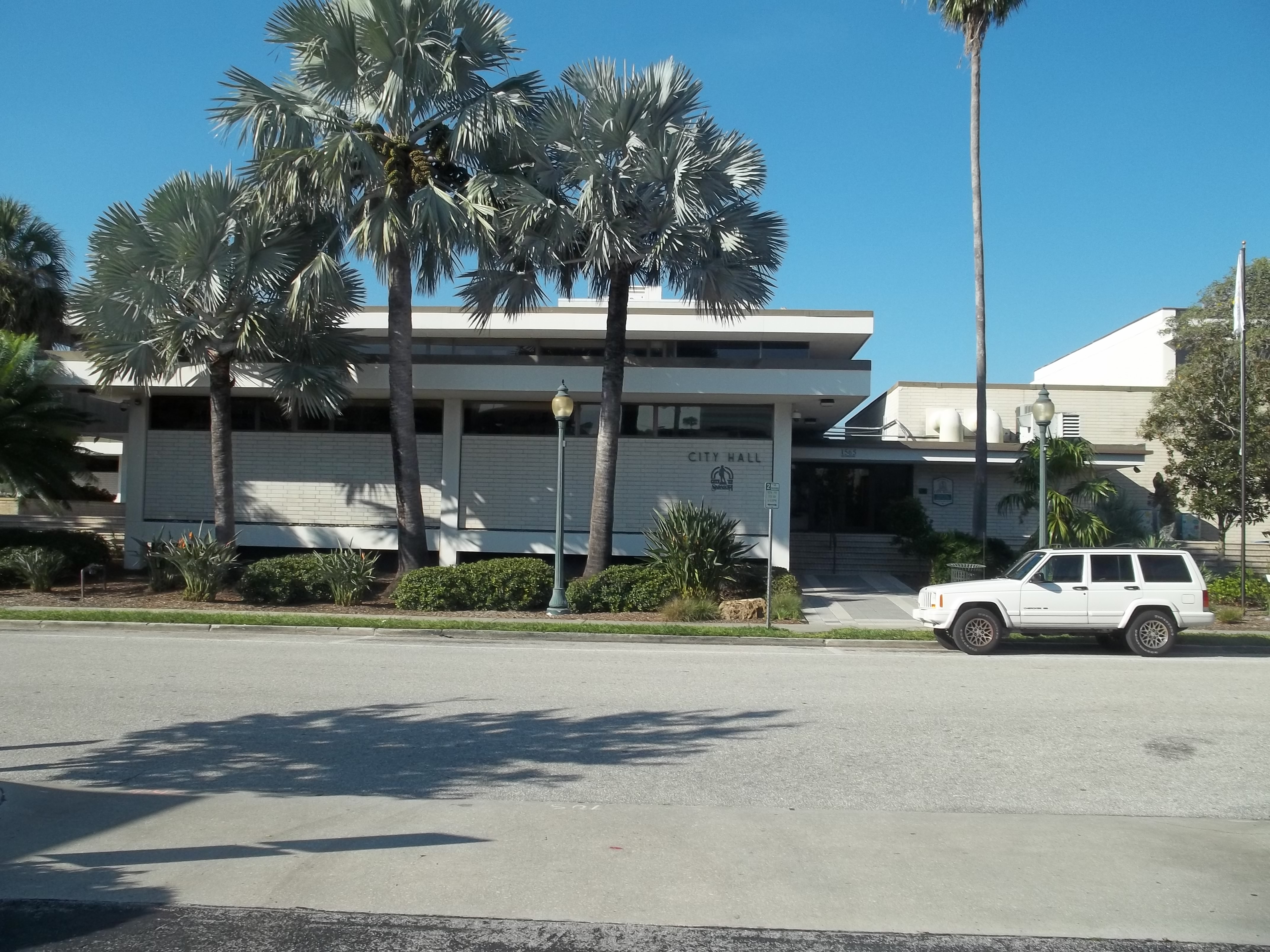 Low-rise city hall building flanked by tall palm trees under a clear blue sky.