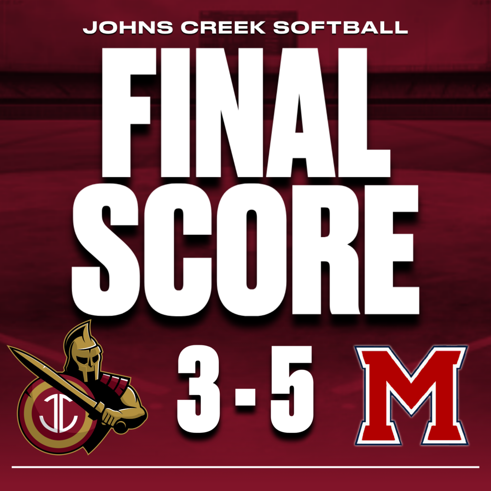 Score graphic showing Johns Creek Softball losing 3 to 5 against Milton.