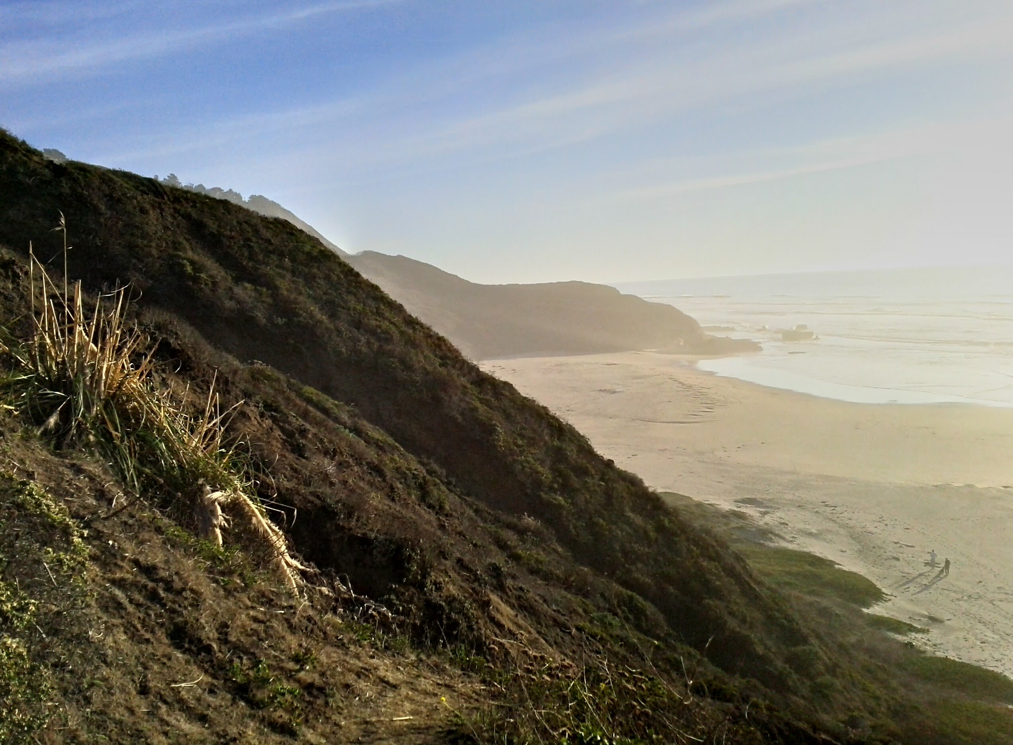 Steep coastal bluff with sparse vegetation overlooking a sandy beach and hazy coastline.