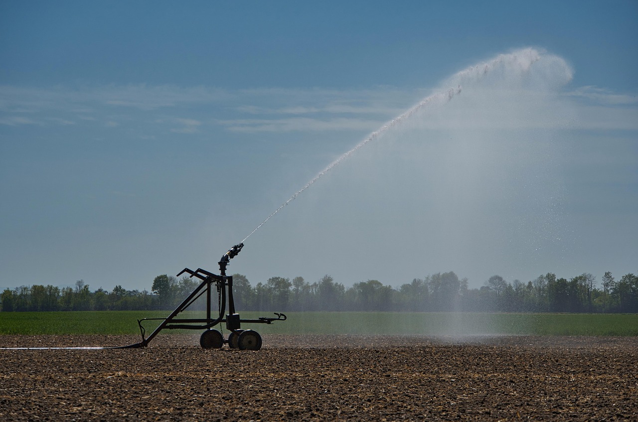 Irrigation, agriculture, water, field, sprinkler, spring, nature, heaven, clouds, water jet, irrigation system, sprinkle