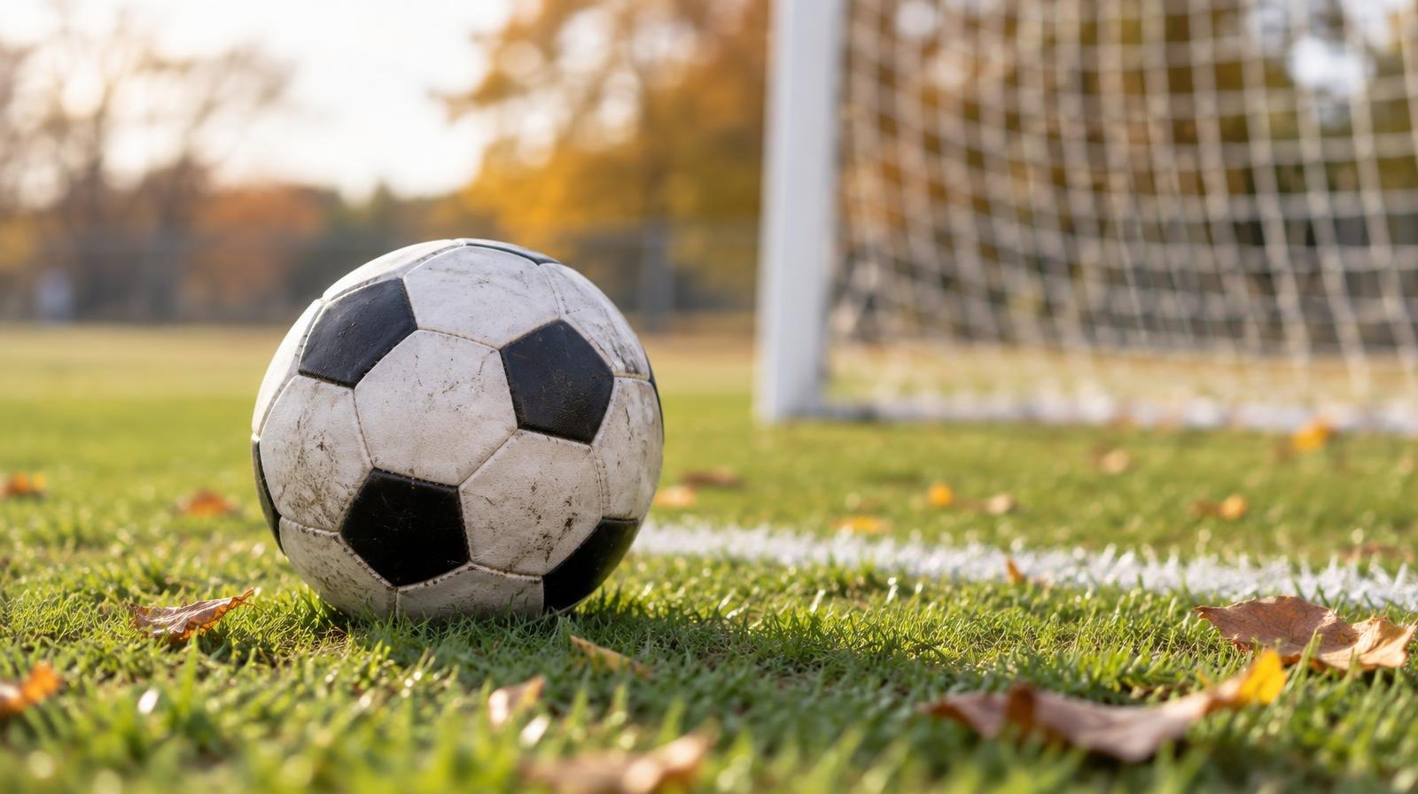 A black-and-white soccer ball on green grass near a goal net.