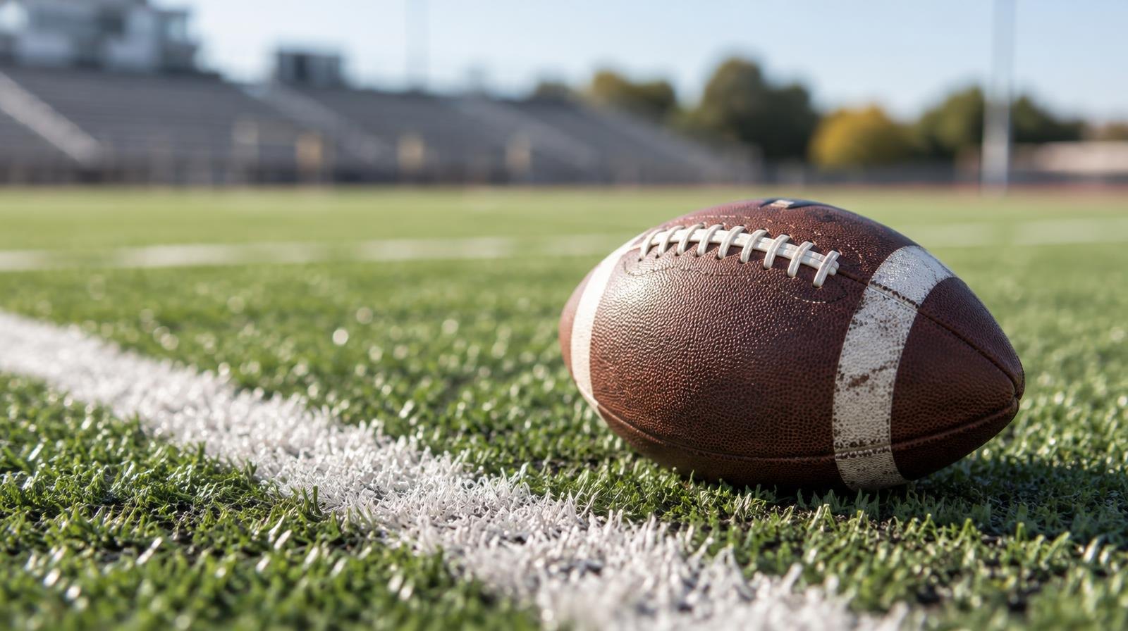 An American football resting on green turf beside a white yard line.